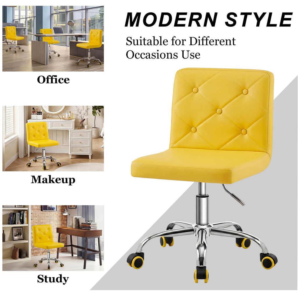 PU Leather Mid-Back Armless Vanity Chair Adjustable Height 360° Rolling Swivel for Office Work
