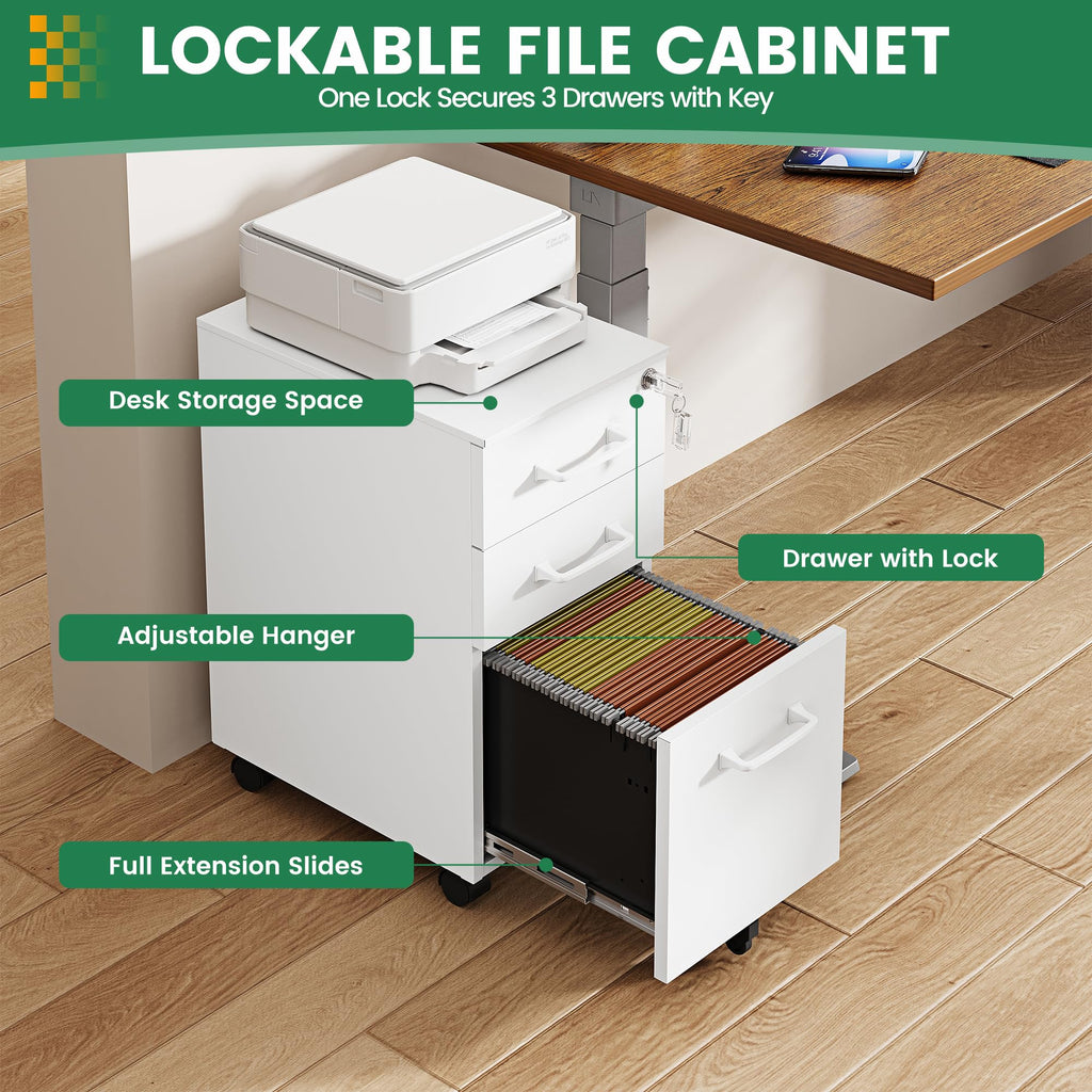 3 Drawer Slim File Cabinet, Mobile File Cabinet with Lock for Home Office, Rolling Narrow File Cabinet, Under Desk Locking Filing Cabinet on Wheels for Legal/Letter/A4 File(Unassembled,White)