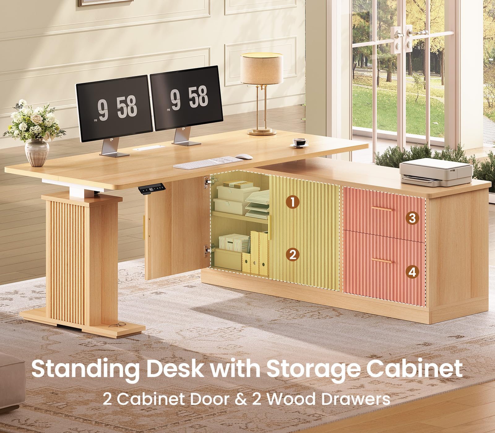 L Shaped Electric Standing Desk, 55 inch Height Adjustable Office Executive Desk with Storage Drawers, Fluted Sit Stand Corner Computer Desk with Power Outlets for Home Office, Oak