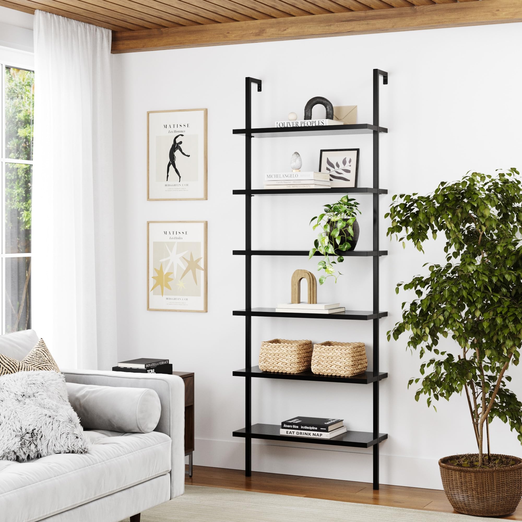 6-Shelf Tall Bookcase, Wall Mount Bookshelf Wood Shelves and Metal Frame, Matte Black