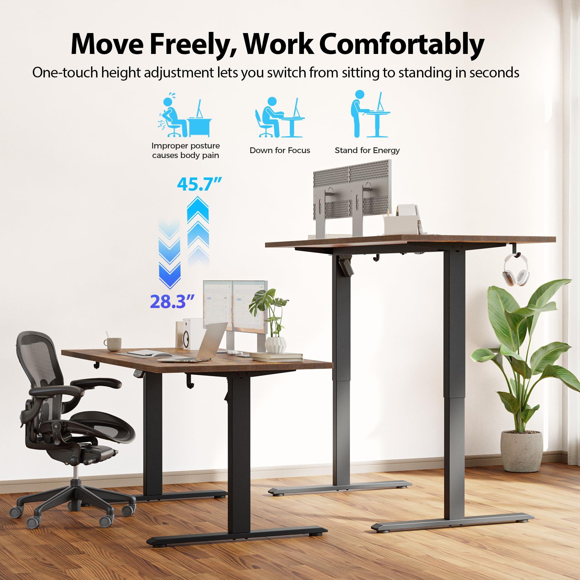 Electric Standing Desk, 55 x 28 Inches Height Adjustable Desk, Sit Stand up for Work Office Home, Ergonomic Rising Computer Table with Memory Preset, Rustic Brown