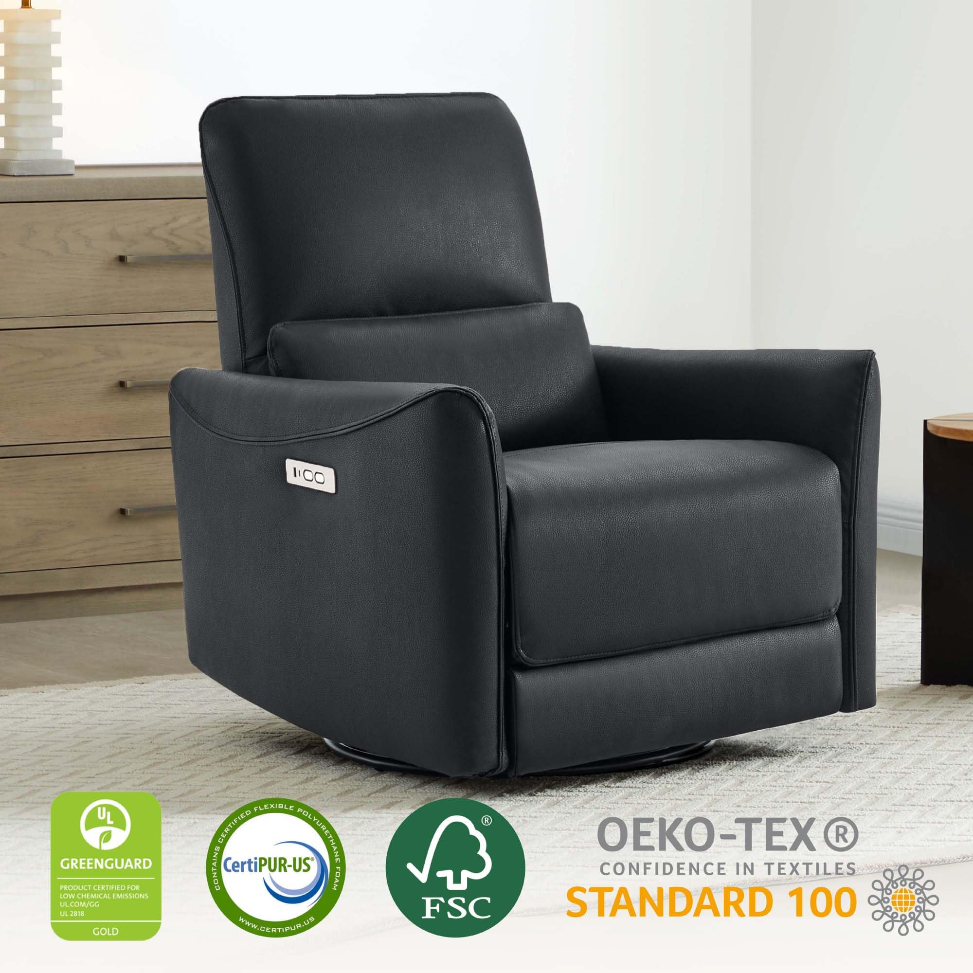 Power Recliner Chair Swivel Glider, FSC Certified Upholstered Faux Leather Living Room Nursery Reclining Sofa Chair with Lumbar Support, Black