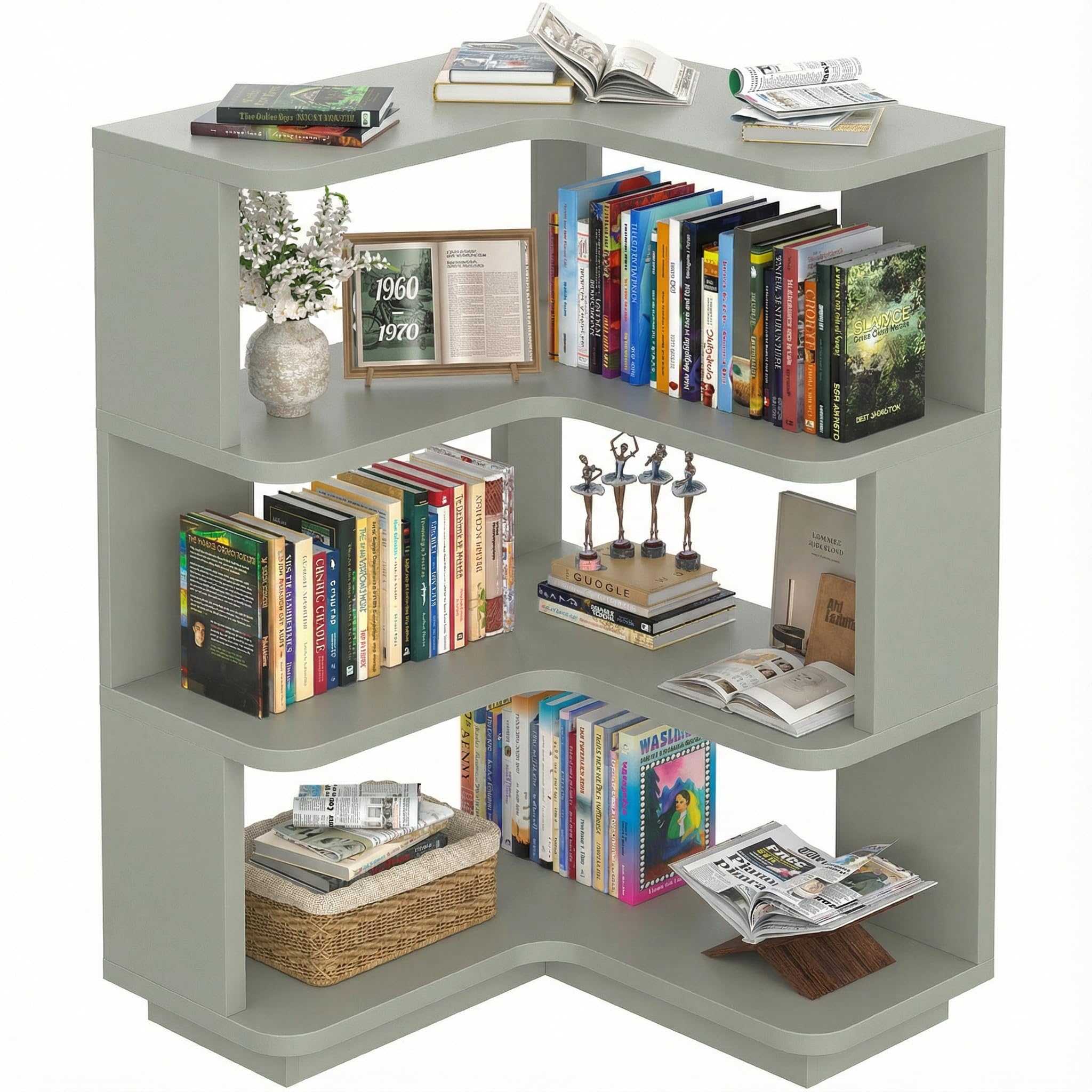 Corner Book Shelf, 4-Shelf L Shaped Corner Bookshelf with Baffle