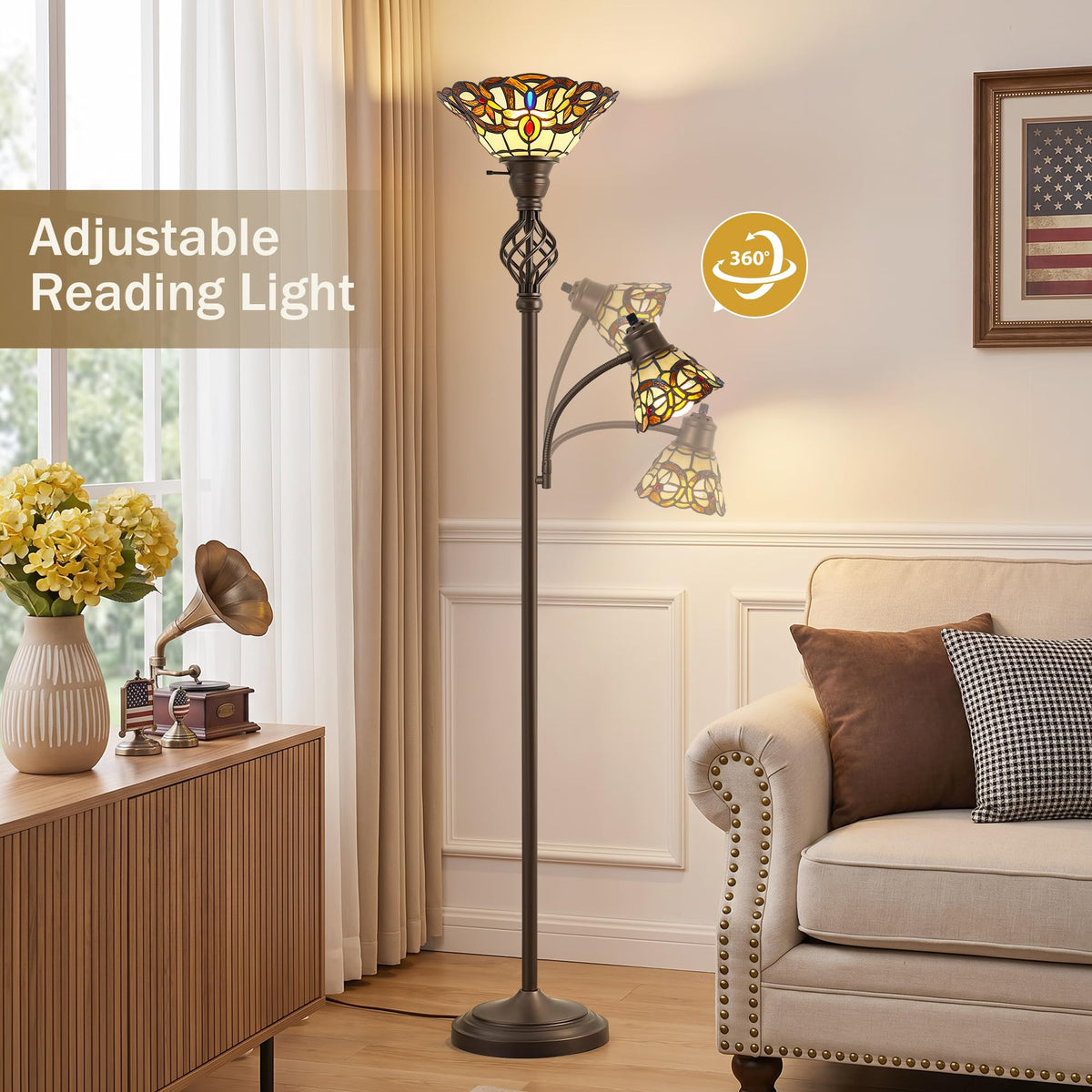 Torchiere Floor Lamp for Living Room, Tiffany-Style Reading Light