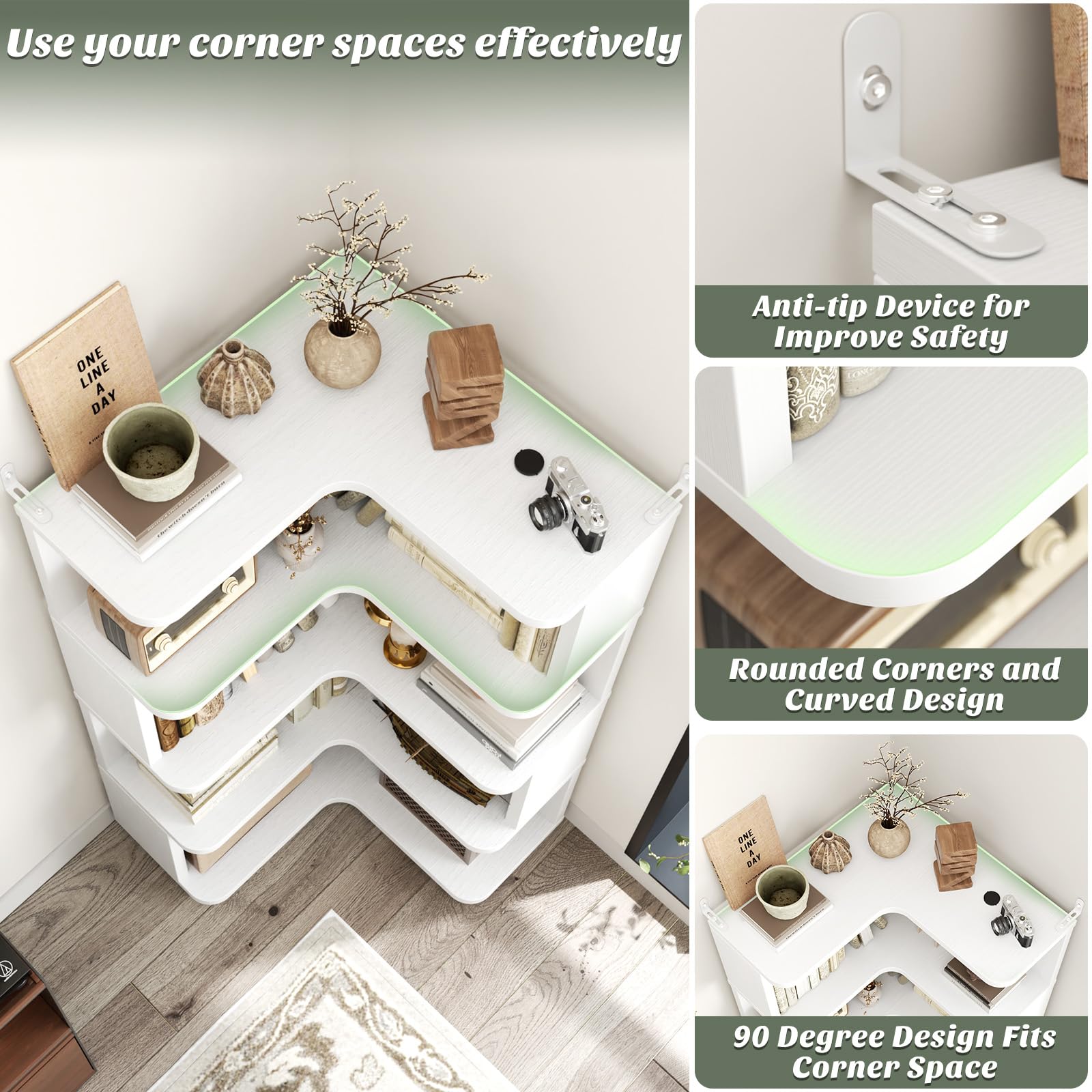 Corner Book Shelf - 5-Shelf L Shaped Corner Bookshelf with Baffle
