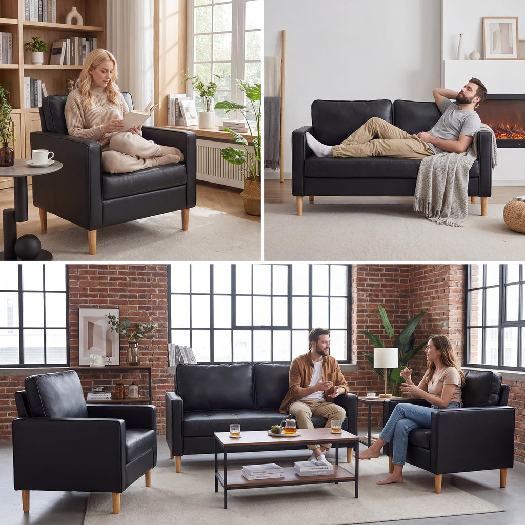 Mid-Century Sectional Sofa Couch Set Faux Leather Office 3 Pcs Couch Set with Armrest Modern Upholstered Loveseat Couches for Livingroom (1-Seater+1-Seater+2-Seater, Black)