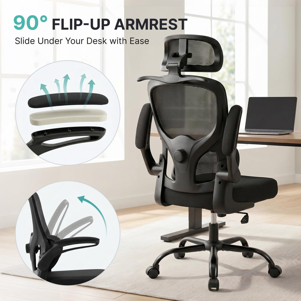 Ergonomic Mesh Office Chair,330LB Capacity High Back Desk Chair with Adjustable Lumbar Support, Adjustable Headrest & Flip-Up Arms,Breathable Computer Chair for Home Office,Work & Study,2pcs