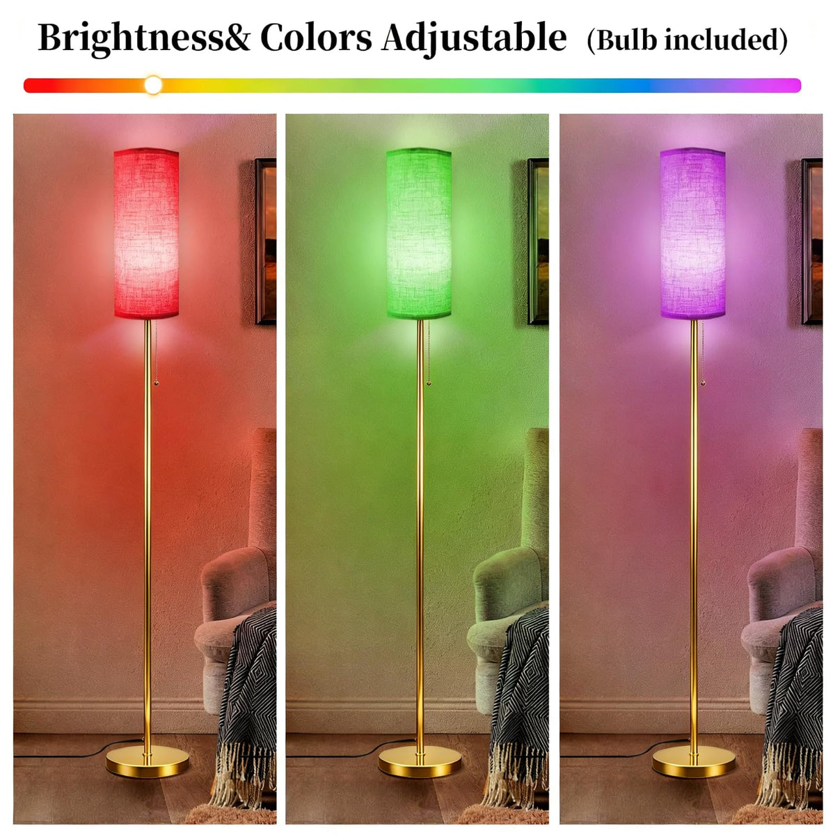 Floor Lamps for Living Room with RGB Color Changing Bulb Dimmable Color Brightness Standing Lamp with Remote Tall Lamps with Chain Switch for Bedroom Office 9W LED Bulb Included, Gold Body RGB Bulb