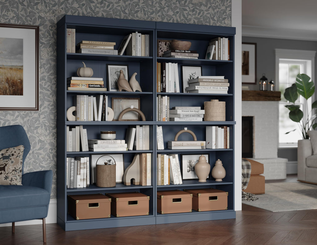 12-Shelf Bookcase, 100% Solid Brazilian Pine Wood, Adjustable Shelves, 64" Wide, 71.5" Tall, Antique Blue