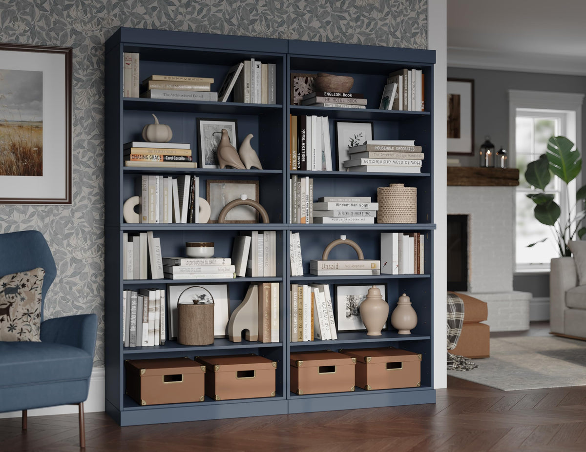12-Shelf Bookcase, 100% Solid Brazilian Pine Wood, Adjustable Shelves, 64" Wide, 71.5" Tall, Antique Blue