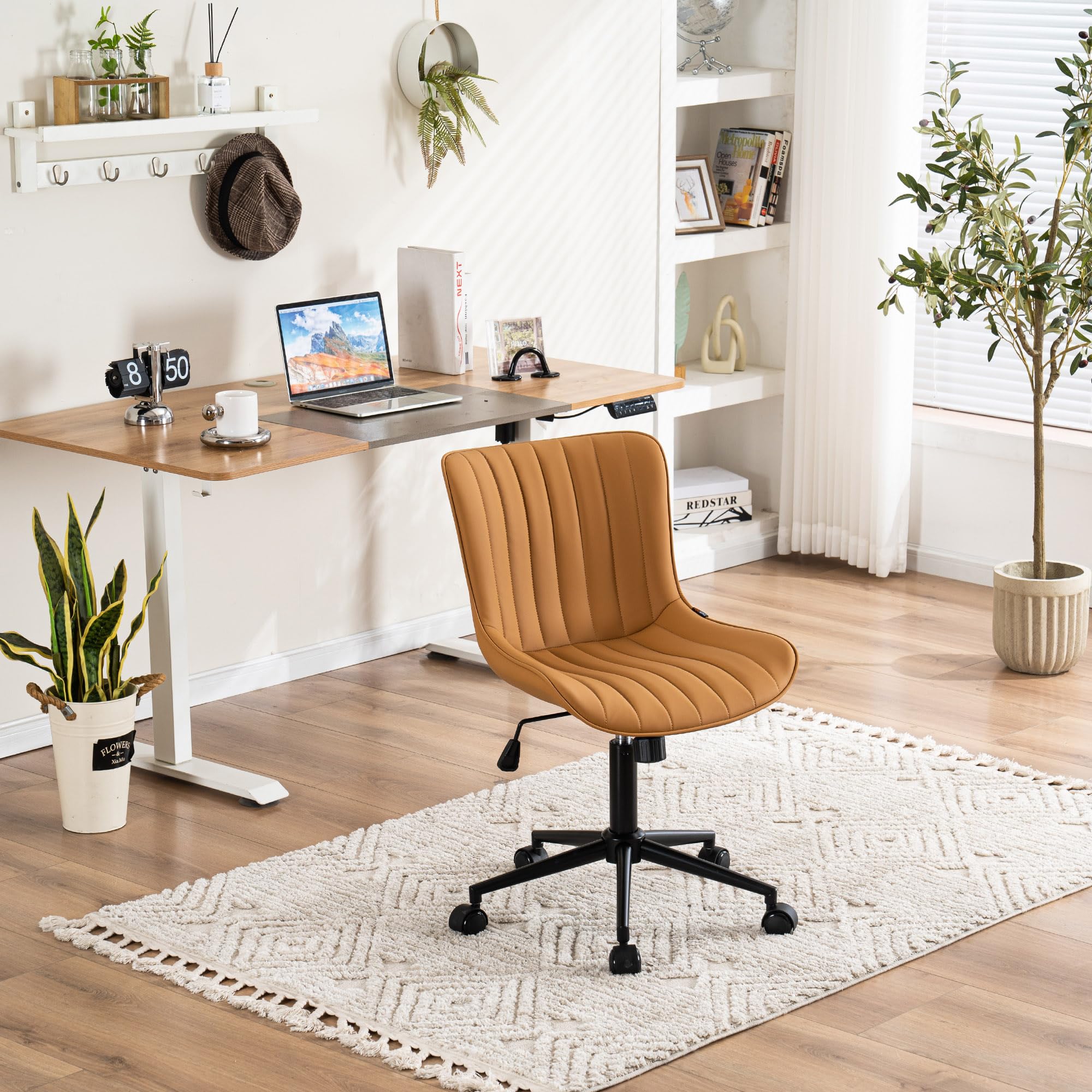 Ergonomic Home Office Chair with Wheels Comfy Armless Desk Chair with Back Adjustable Height Modern Leather Upholstered Swivel Vanity Chair Small Cute Rolling Task Computer Chair Tan