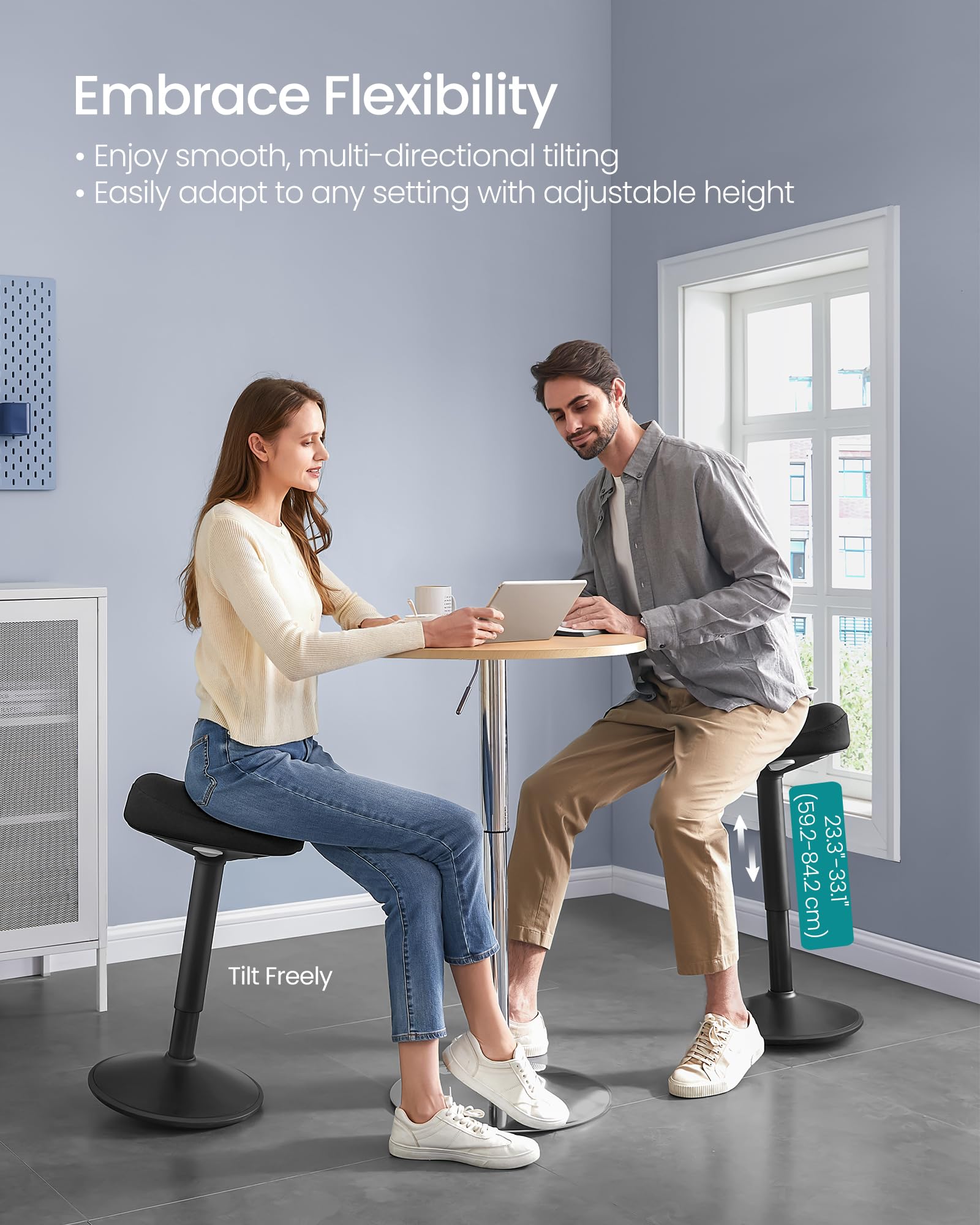 Ergonomic Sit Stand  Stool, Height Adjustable Standing Desk Stool 23.3-33.1 Inches, Swivel Balance Chair with Non-Slip Base, Saddle Seat, for Active Sitting, Office, Home, Ink Black