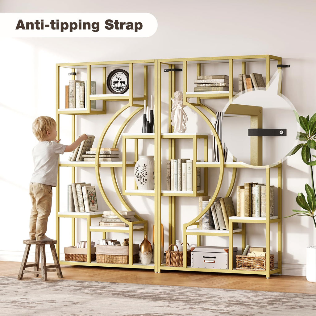 79" W Luxury Marble-Patterned White Gold Bookshelf, Modern Geometric Half-Moon Style, Flexible Modular Open Storage Unit for Living Room, Home, Office