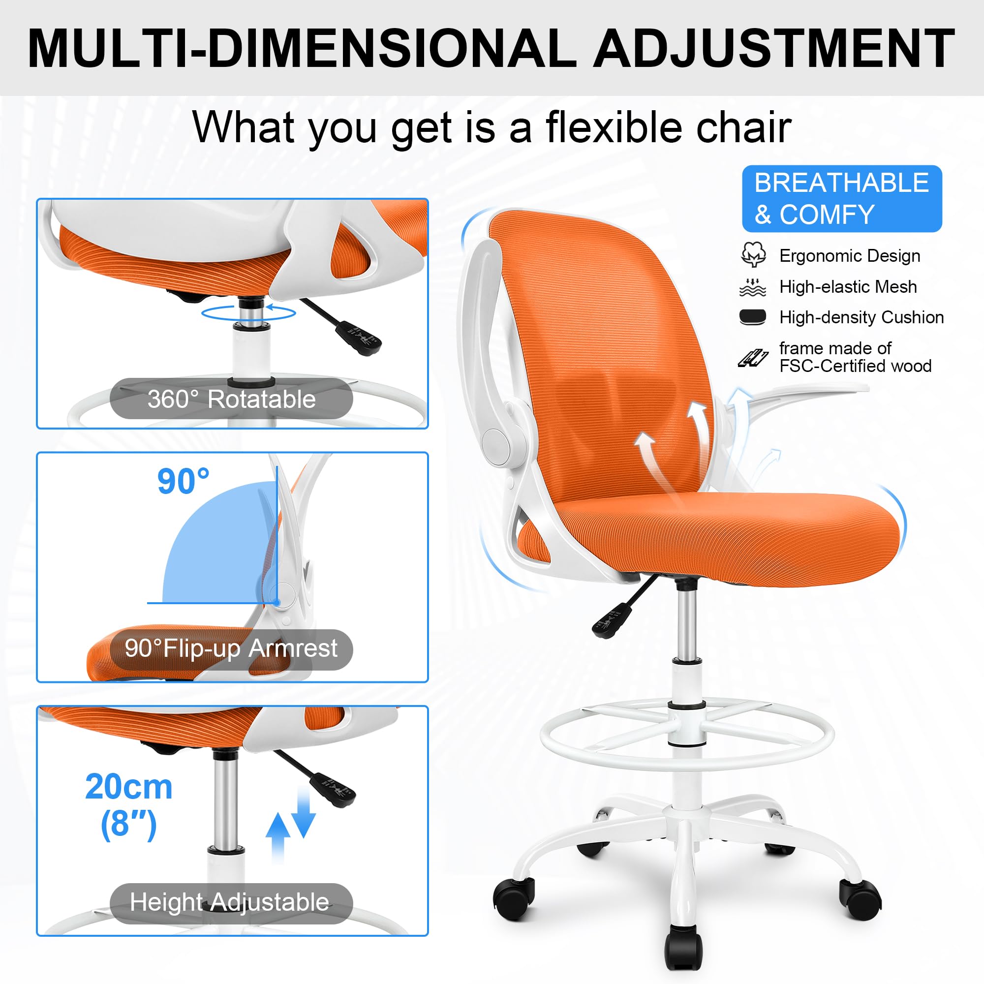 Drafting Chair Tall Office Chair with Flip-up Armrests Executive Ergonomic Computer Standing Desk Chair with Lumbar Support and Adjustable Footrest Ring (Sunset Orange)