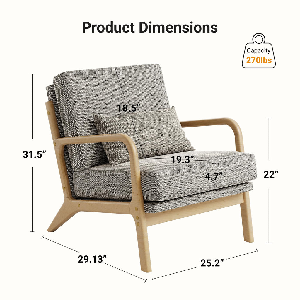 Mid-Century Modern Accent Chair, Armchair with Solid Wood Frame & Lumbar Pillow, Comfy Upholstered Lounge Chair for Office, Bedroom, Linen-Like Fabric, Dark Gray
