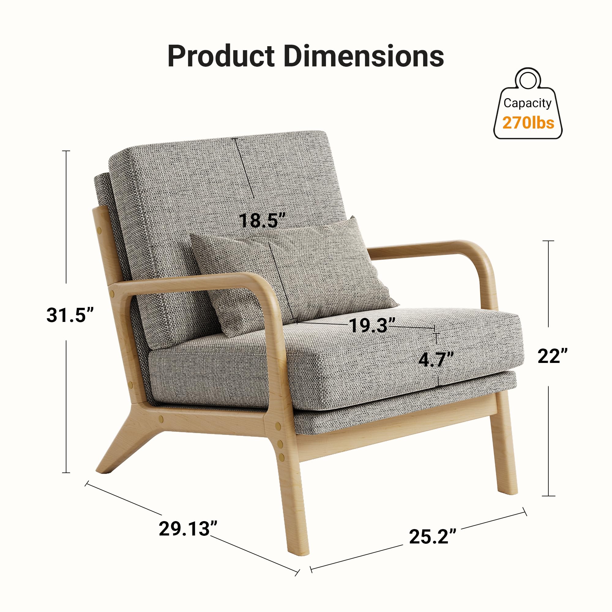 Mid-Century Modern Accent Chair, Armchair with Solid Wood Frame & Lumbar Pillow, Comfy Upholstered Lounge Chair for Office, Bedroom, Linen-Like Fabric, Dark Gray