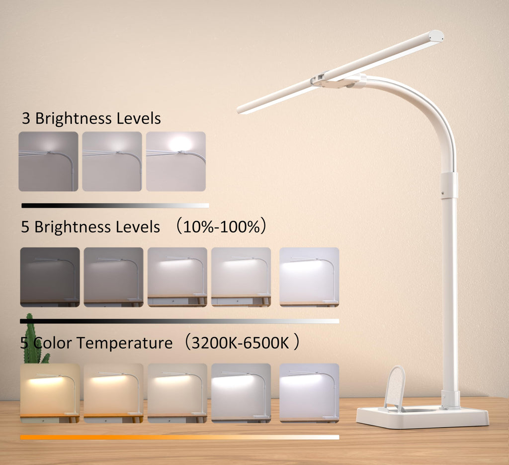 Double Head LED Desk Lamp, Architect Desk Lamps for Office, 24W Brightest Workbench Office Lighting-5 Color Modes and 5 Dimmable Eye Protection Modern Desk Lamp (White-Desktop, Big)