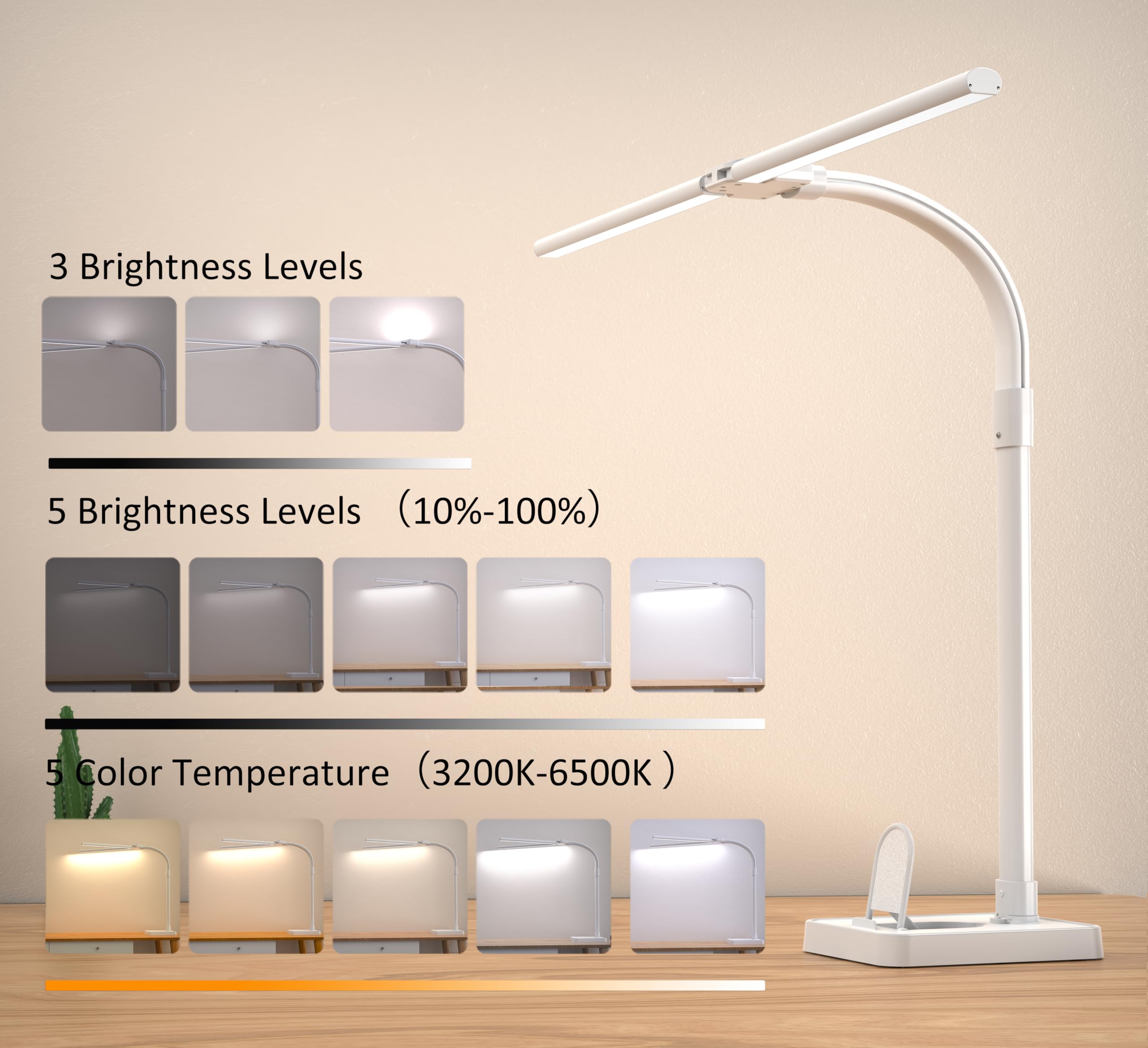 Double Head LED Desk Lamp, Architect Desk Lamps for Office, 24W Brightest Workbench Office Lighting-5 Color Modes and 5 Dimmable Eye Protection Modern Desk Lamp (White-Desktop, Big)
