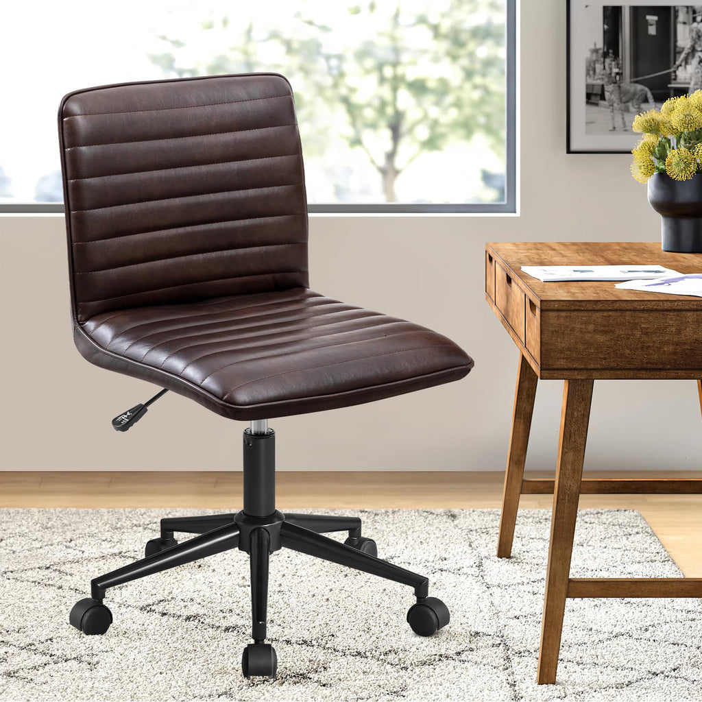 PU Leather Office Desk Chair, Armless Vanity Chair with Wheels 360° Swivel Mid Back Height Adjustable, Computer Rolling Chairs with Gold Metal Base Stool, Black Brown