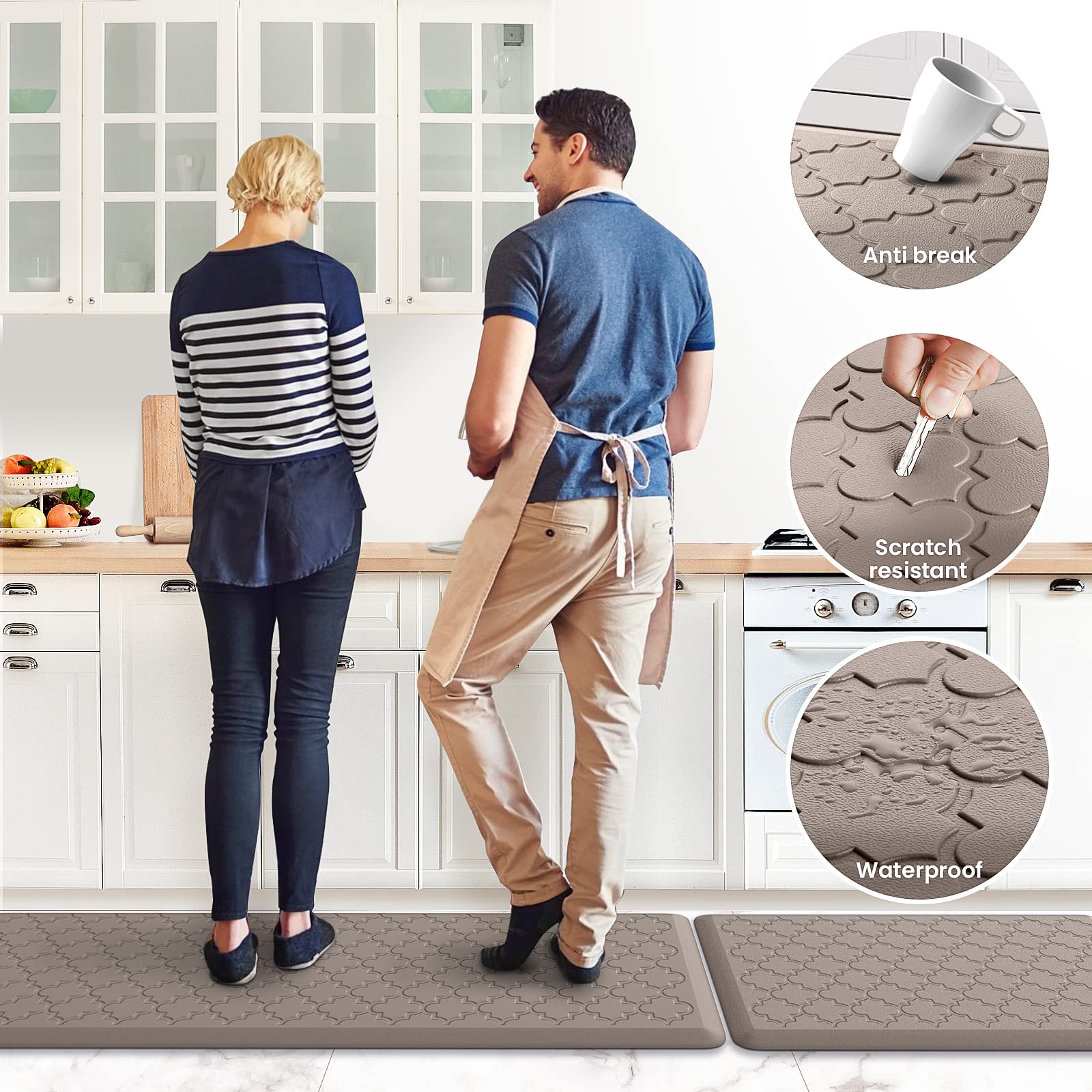 Mat [2 PCS] Cushioned Anti-Fatigue Floor Mat, Waterproof Non-Skid Kitchen Mats and Rugs, Ergonomic Comfort Foam Kitchen Rugs, Standing Mat for Floor,Office, Sink(Khaki,17.3"x28"+17.3"x60")