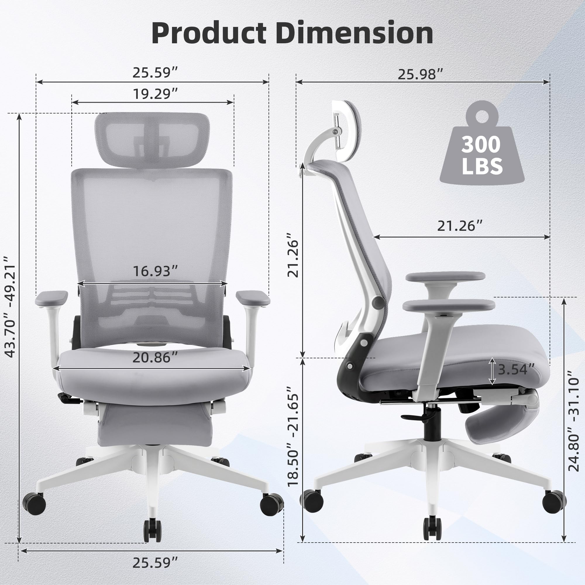 Foldable Office Chair with Foot Rest, Ergonomic Office Chair with Adjustable Lumbar Support, Headrest, Armrest, Home Office Desk Chairs for Space Saving, Grey