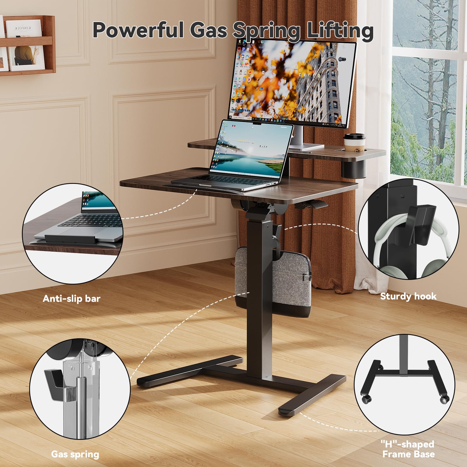 28 inch Mobile Standing Desk On Wheels， Small Computer Workstation Adjustable Height，Rolling Laptop Stand with Tiltable Desktop， 2-Tier Portable Study Table with Storage Shelf， Walnut
