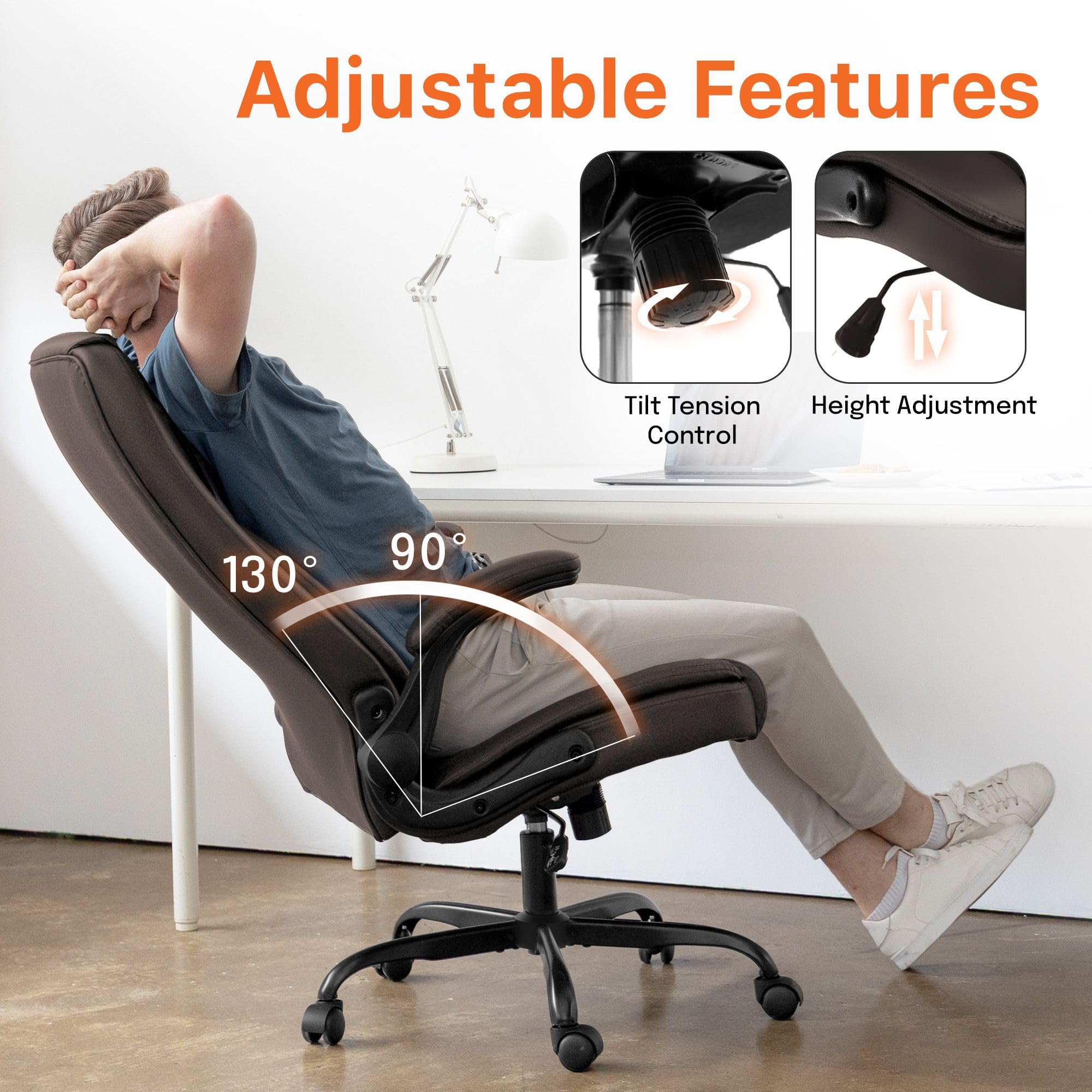 Office Desk Gaming Computer Home Chair Ergonomic Executive High Back Support Flip-up Arms Adjustable Height Swivel Rolling Wheels Comfy PU Leather (Brown)