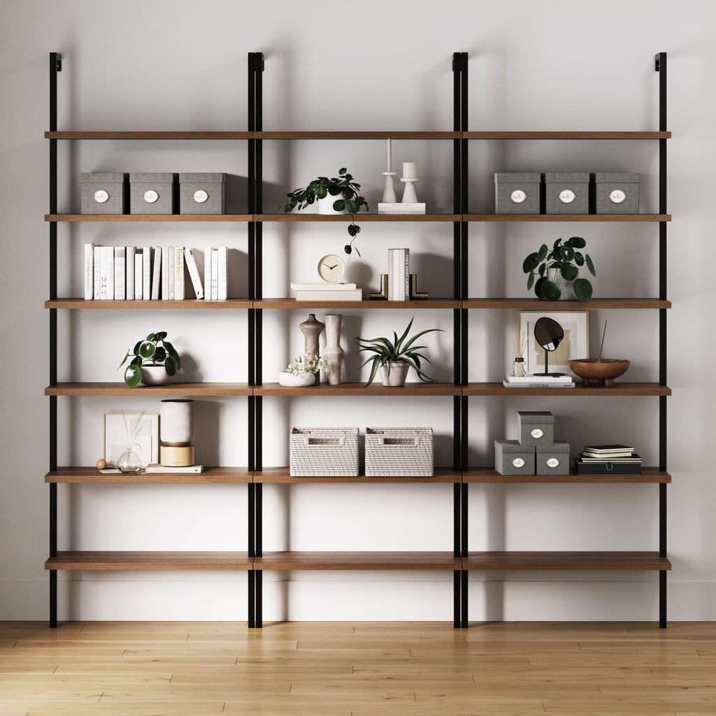 Set of 3, 6-Shelf Tall Bookcase, Wall Mount Bookshelf with Reclaimed Oak Wood and Industrial Metal Frame, Reclaimed Oak/Matte Black