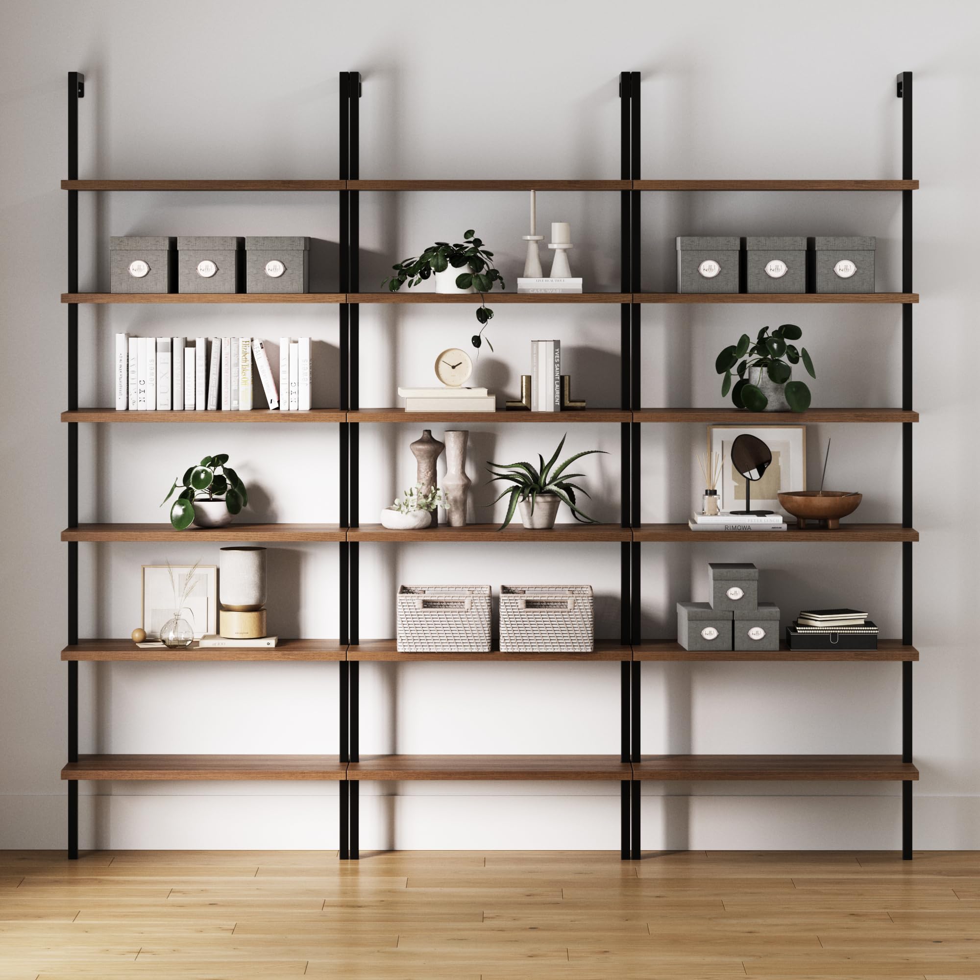 Set of 3, 6-Shelf Tall Bookcase, Wall Mount Bookshelf with Reclaimed Oak Wood and Industrial Metal Frame, Reclaimed Oak/Matte Black