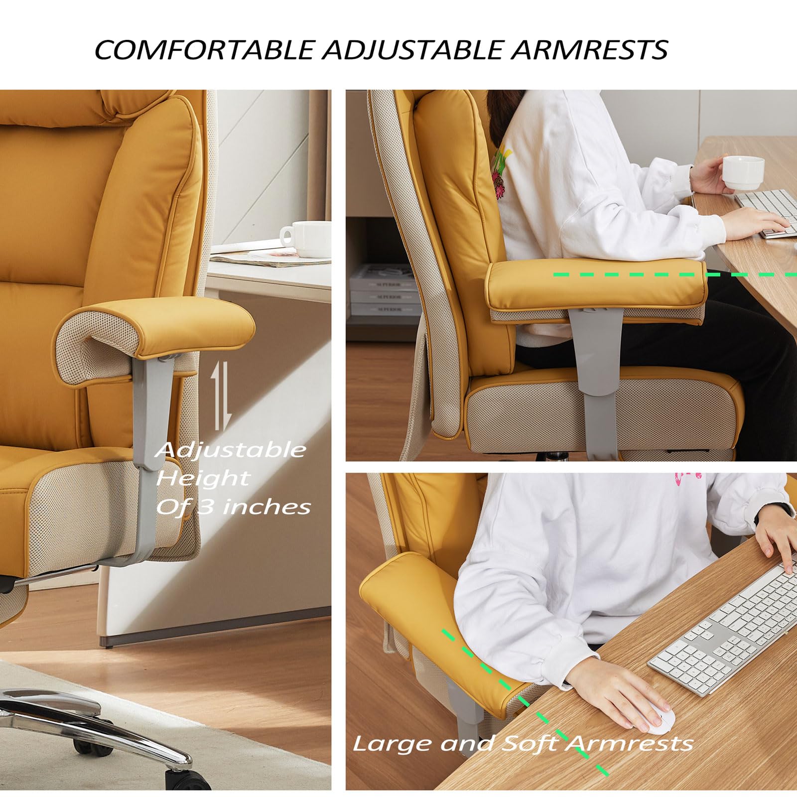 Big and Tall Green Office Chair 450LBS – Ergonomic High-Back Executive Chair with Footrest, Adjustable Padded Armrests, PU Leather Computer Chair with Lumbar Support for Home or Office, Yellow
