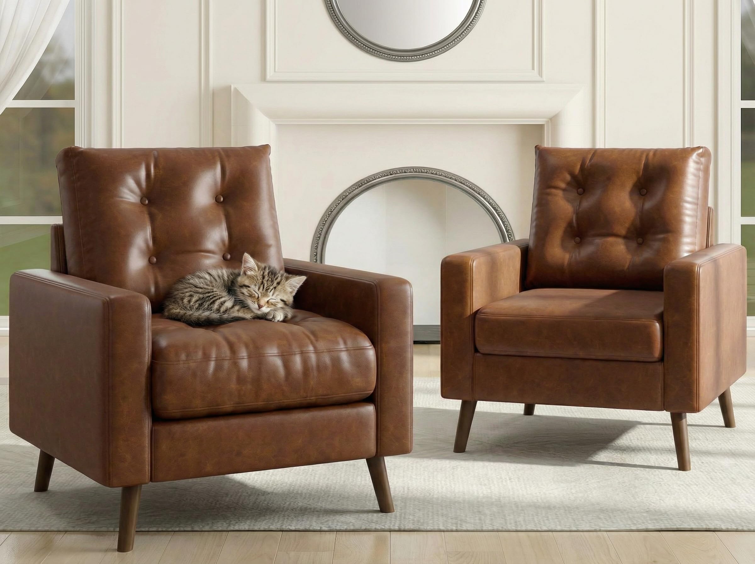 Set of 2 Mid Century Modern Armchair, Button Tufted Faux Leather Accent Chair with Arm, Upholstered Club Chair for Office, Living Room, Bedroom, Rubber Wood Legs, Caramel