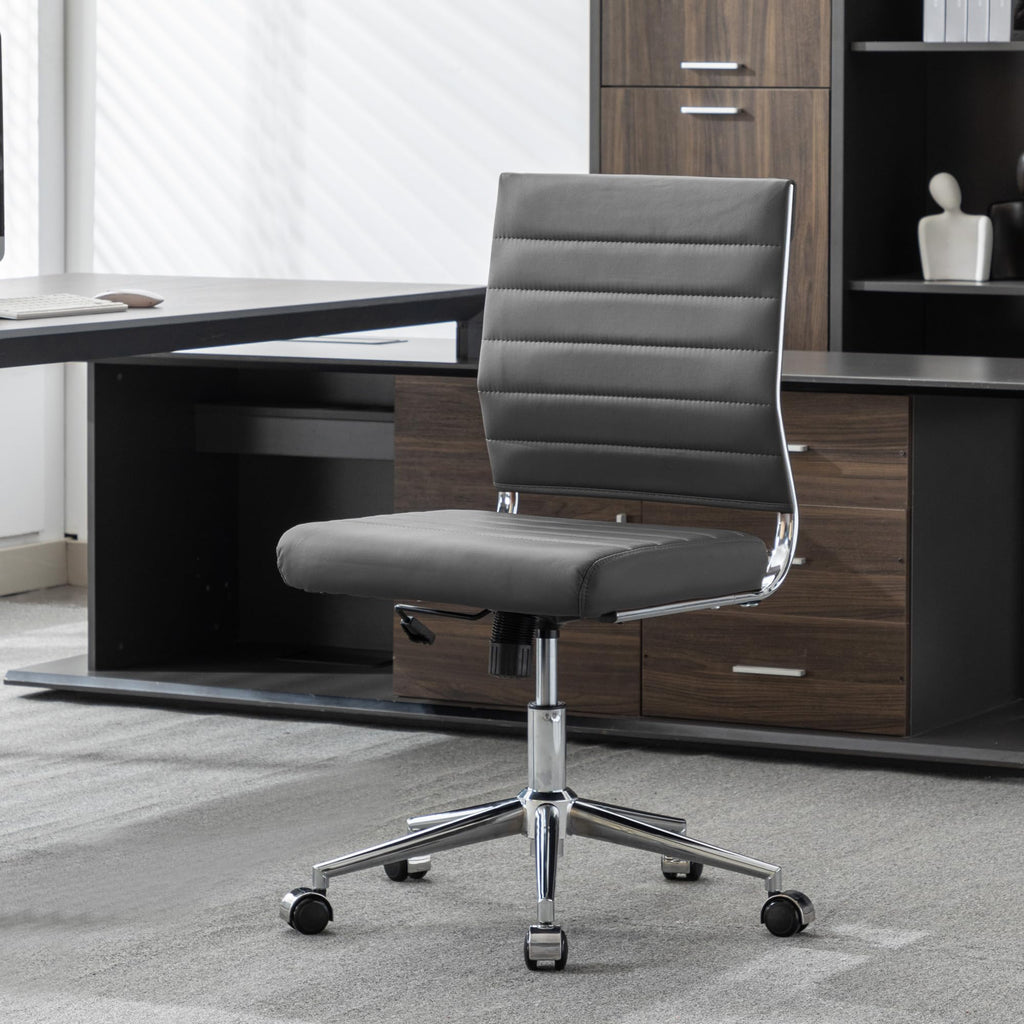 Armless Office Desk Chair, Mid Back Leather Conference Room Chairs Without Armrests, Modern Office Chair Ribbed.