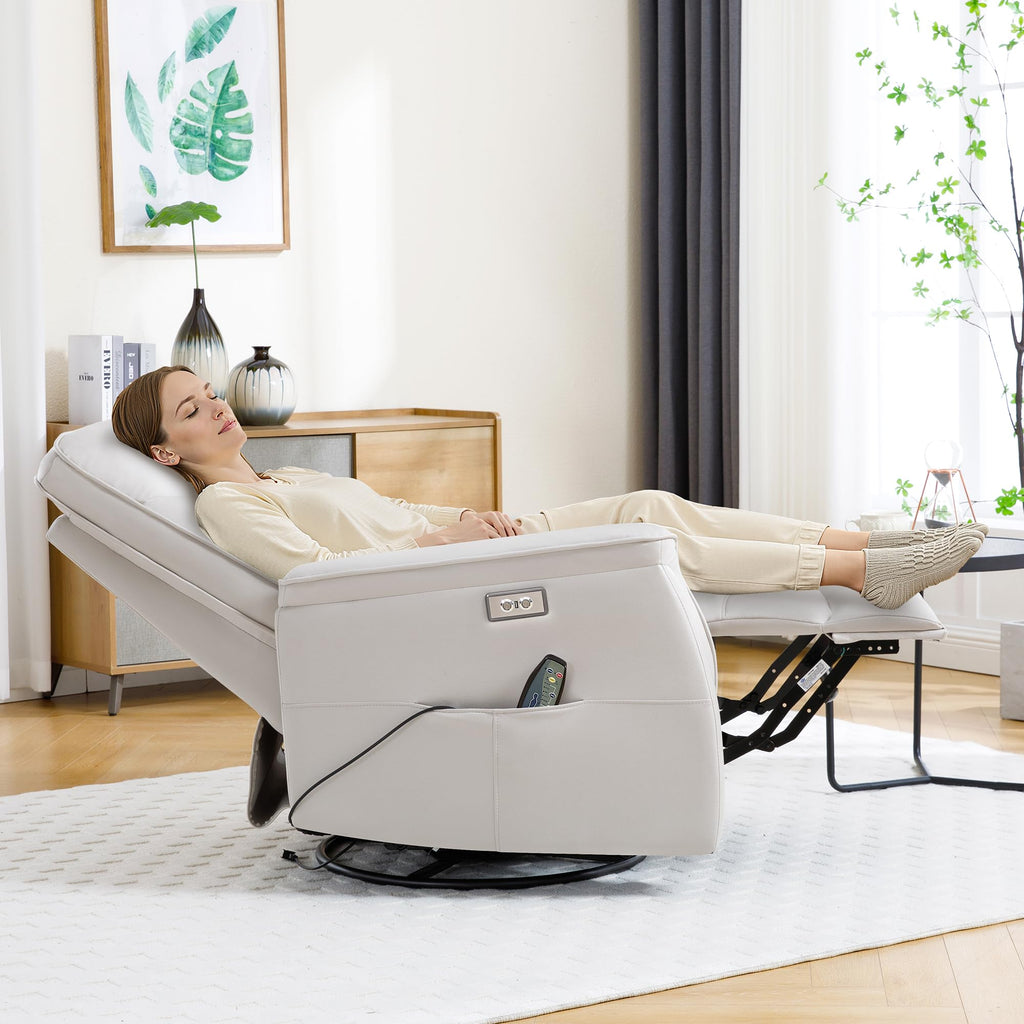 Recliner Chair for Adults, Power Faux Leather Rocker Recliner Massage and Heat, Oversized Swivel Reclining Nursery Chair with USB Ports for Living Room, Office Beige