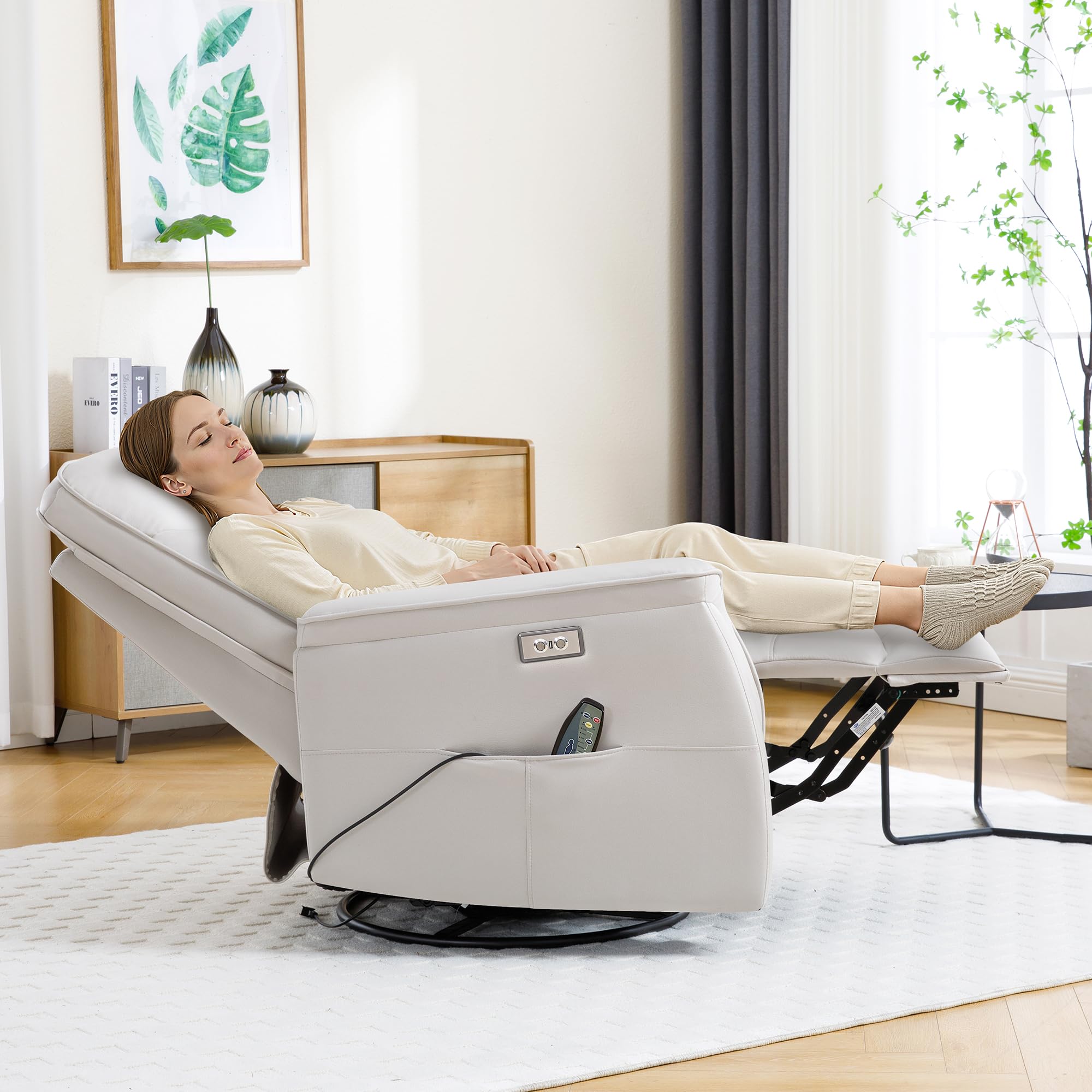 Recliner Chair for Adults, Power Faux Leather Rocker Recliner Massage and Heat, Oversized Swivel Reclining Nursery Chair with USB Ports for Living Room, Office Beige
