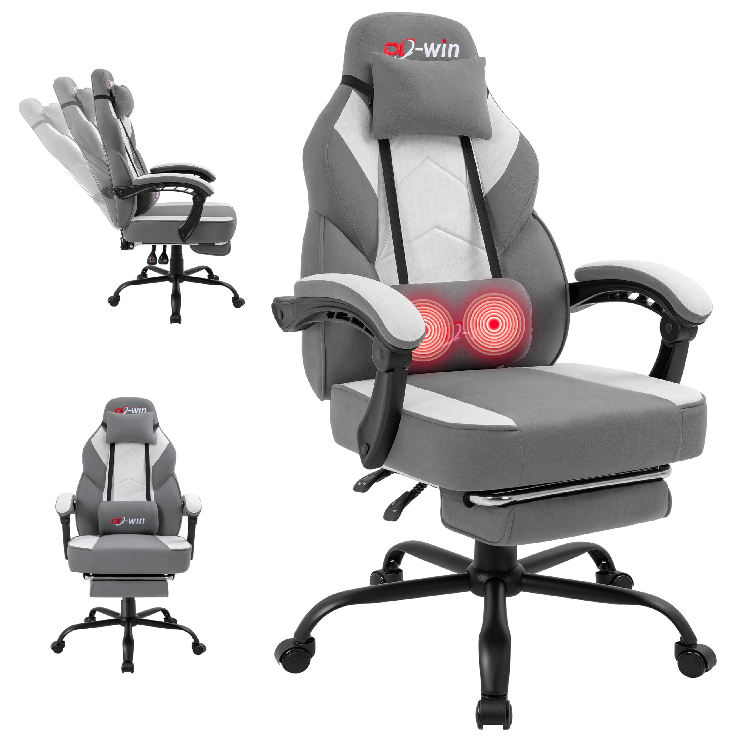 Gaming Chair for Adults with Footrest & Massage Lumbar Support, Ergonomic High Back Gamer Chair, Adjustable Swivel Computer Gaming Chairs with Headrest and Linkage Armrests,Green (Greige)