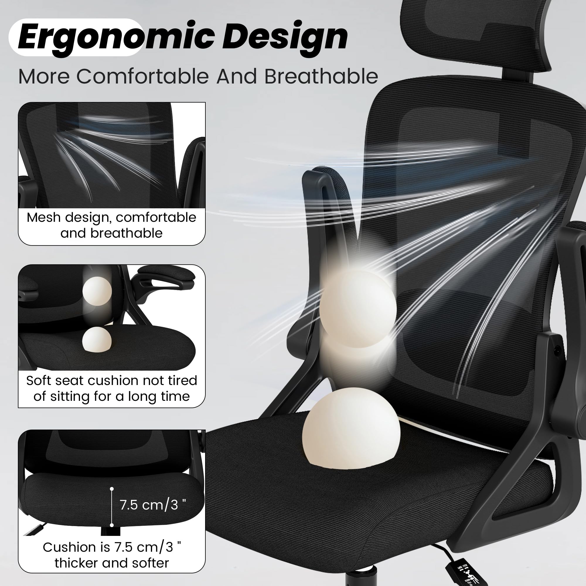 Office Chair, Ergonomic Office Chair with High Back Mesh and Adjustable Lumbar Support, Home Mesh Office Desk Chairs with Wheels, Comfortable Gaming Chair for Long Hours (Deep Black)