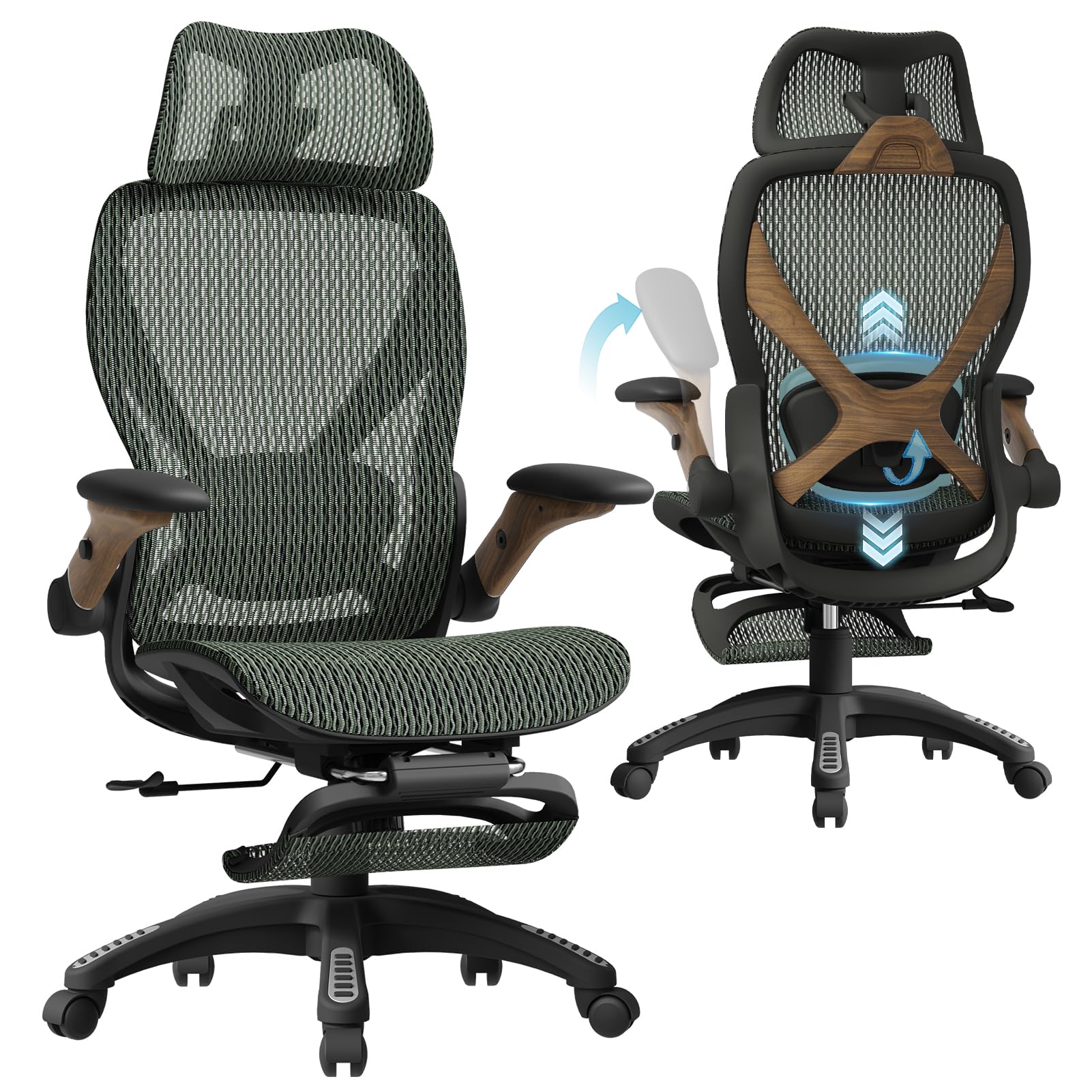 X100 Ergonomic Mesh Office Chair with Footrest, Big and Tall Hone Desk Chair with 5D Flip-Up Arms, Adjustable 3D Lumbar Support,Gaming & Executive Computer Chairs