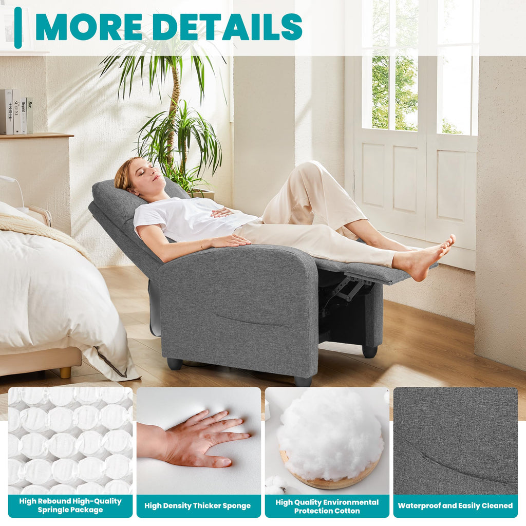 Recliner Chair Fabric Recliner Sofa No Massage, Home Theater Seating with Lumbar Support, Adjustable Push Back Overstuffed High-Density Sponge Reclining for Living Room, Grey