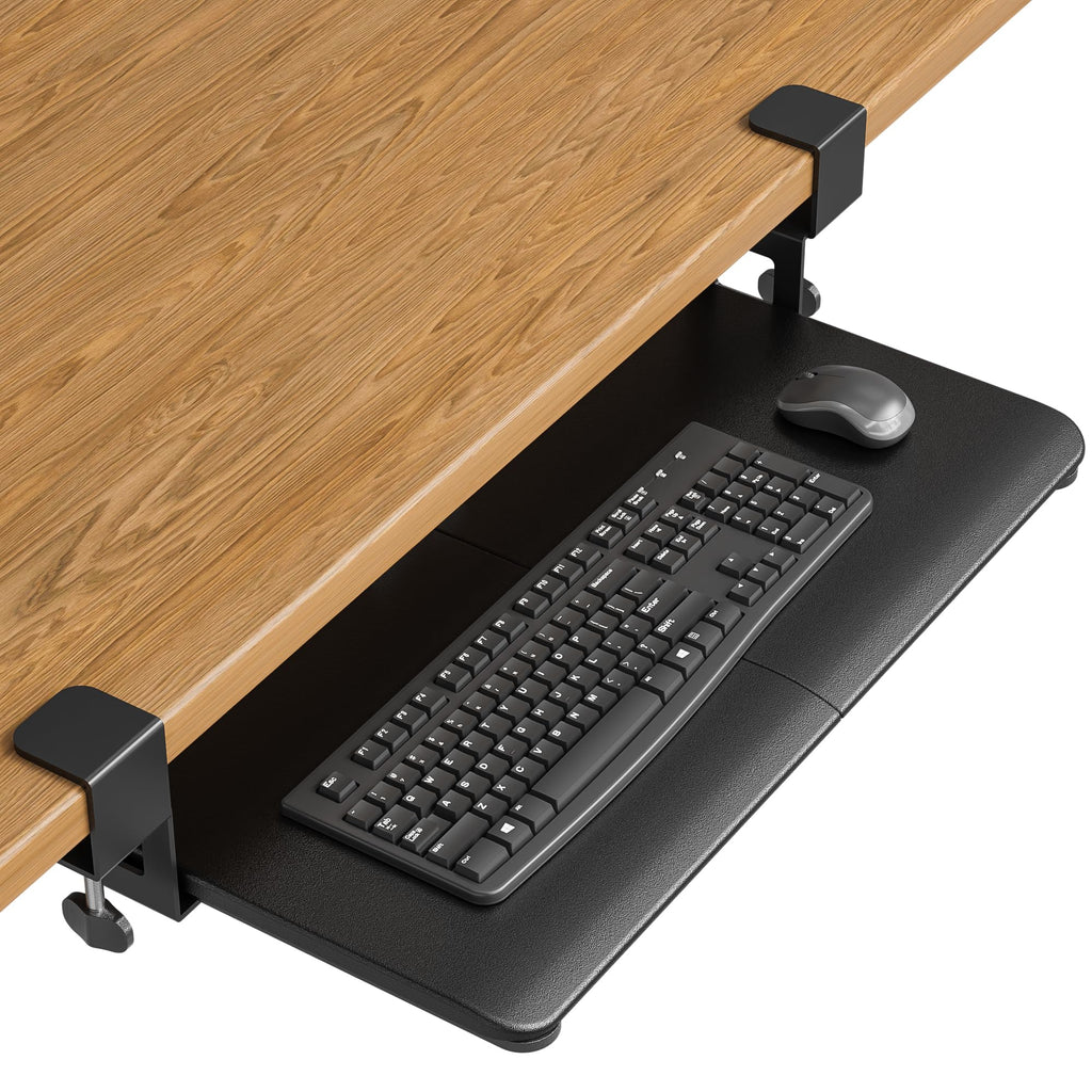 Under Desk Keyboard Tray, Pull-Out Keyboard & Mouse Platform with C-Clamp, 25.6 x 11.8 in Space-Saving Ergonomic Slide-Out Drawer, Black