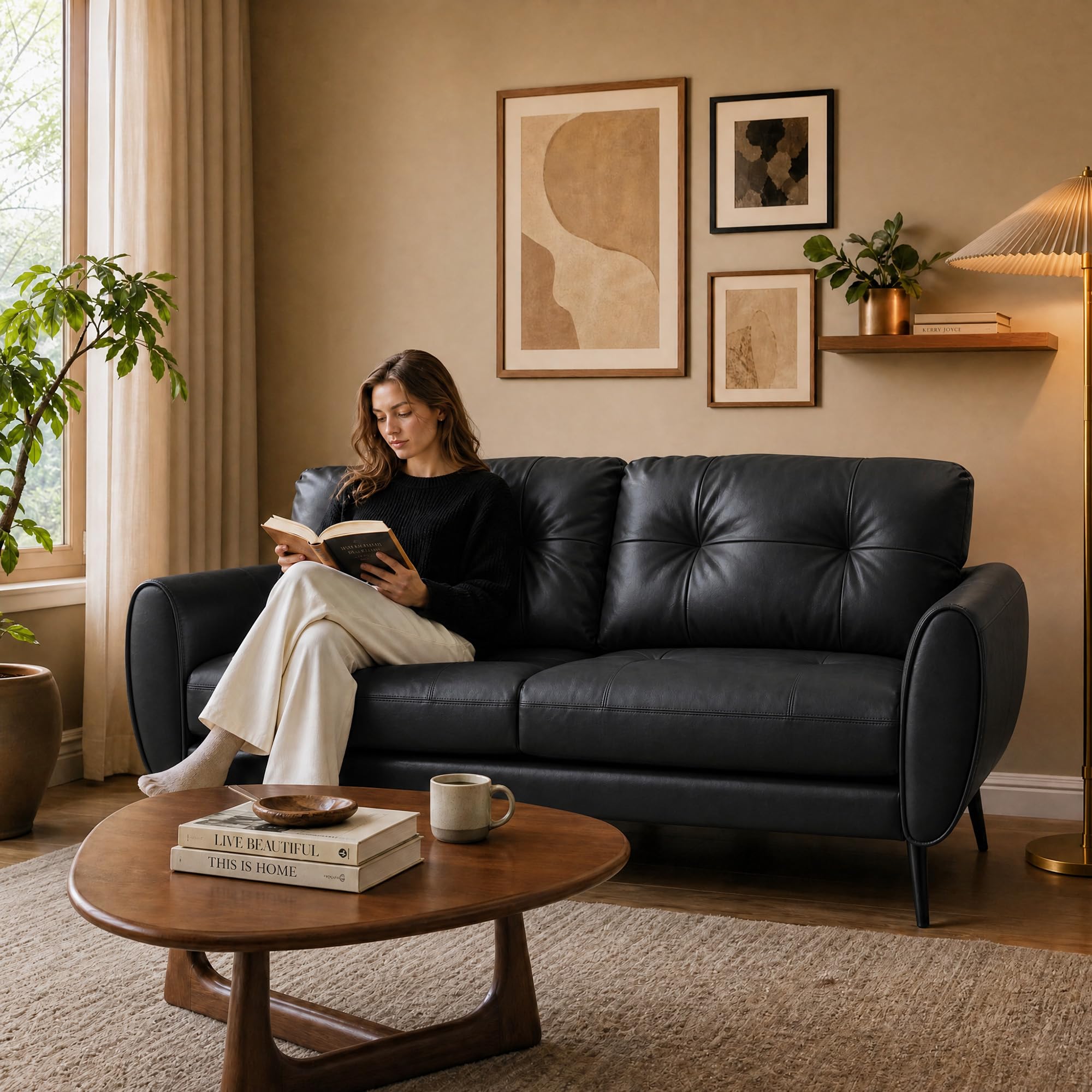 Sofa Couch 61" Small Loveseat Couches for Living Room, Black Faux Leather Couch Mid Century Modern Tufted Mini Sofa Comfy Office 2 Seat Settee Love Seat Couches for Small Spaces Bedroom