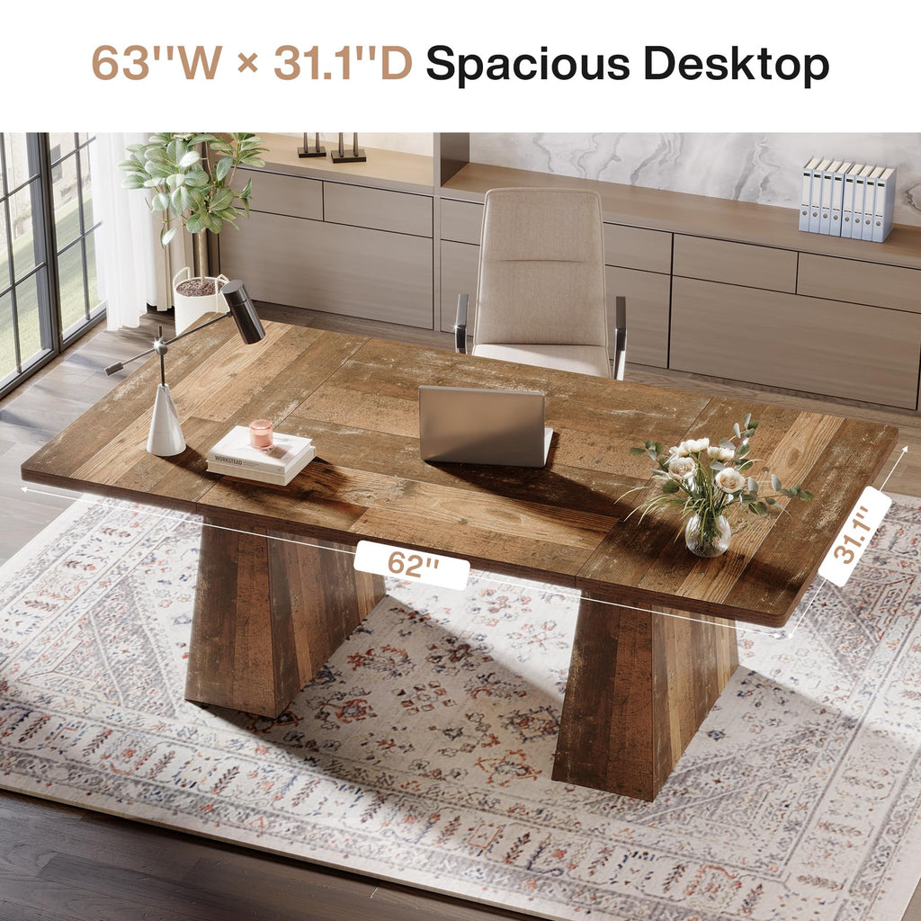 63-Inch Executive Desk, Large Office Computer Desk with Double Pedestal, Modern Simple Workstations Writing Table Conference Table Business Furniture for Home Office, Espresso Brown