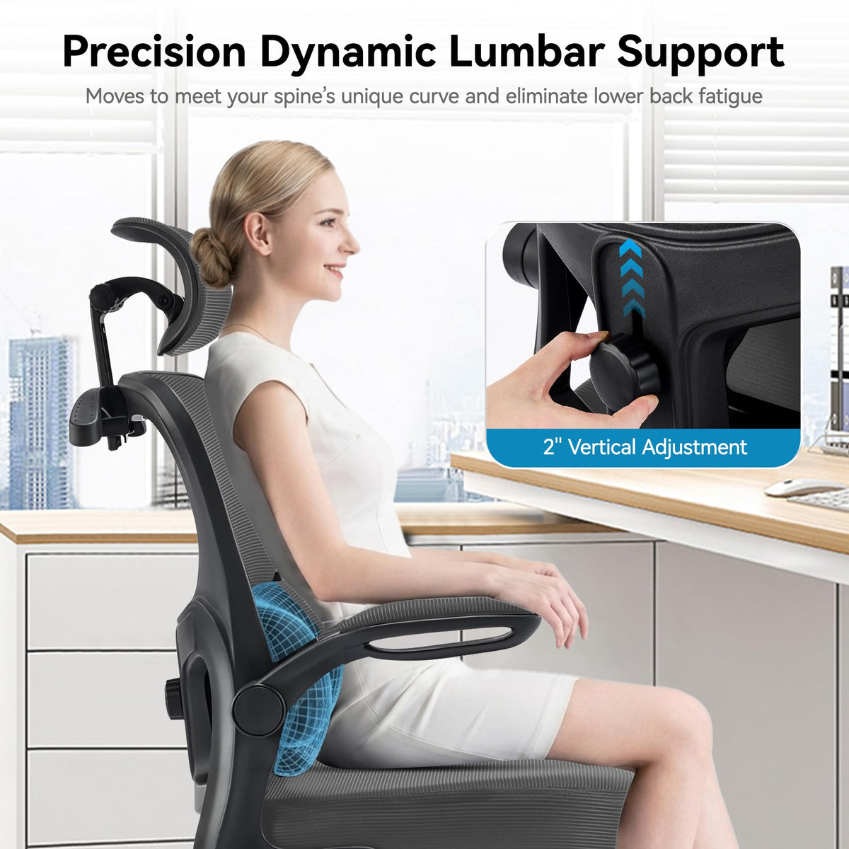 Office Chair Ergonomic Desk Chairs with Adjustable Lumbar Support& Headrest Hanger, High Back Breathable Mesh Chair with Wheels, Rolling Swivel Comfy Task Computer Chair for Home Work Gaming