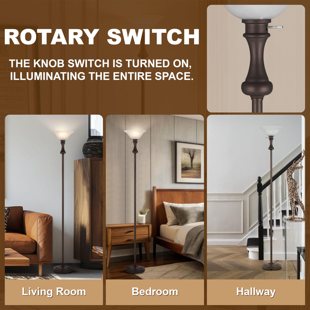 Torchiere Brown Floor Lamp for Living Room with Glass Shade-71IN