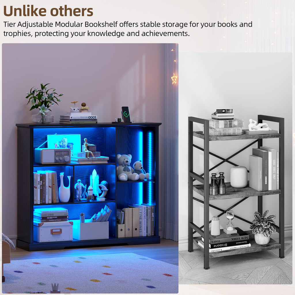 LED Display Bookcase with 3 Tiers and USB Charging - Black
