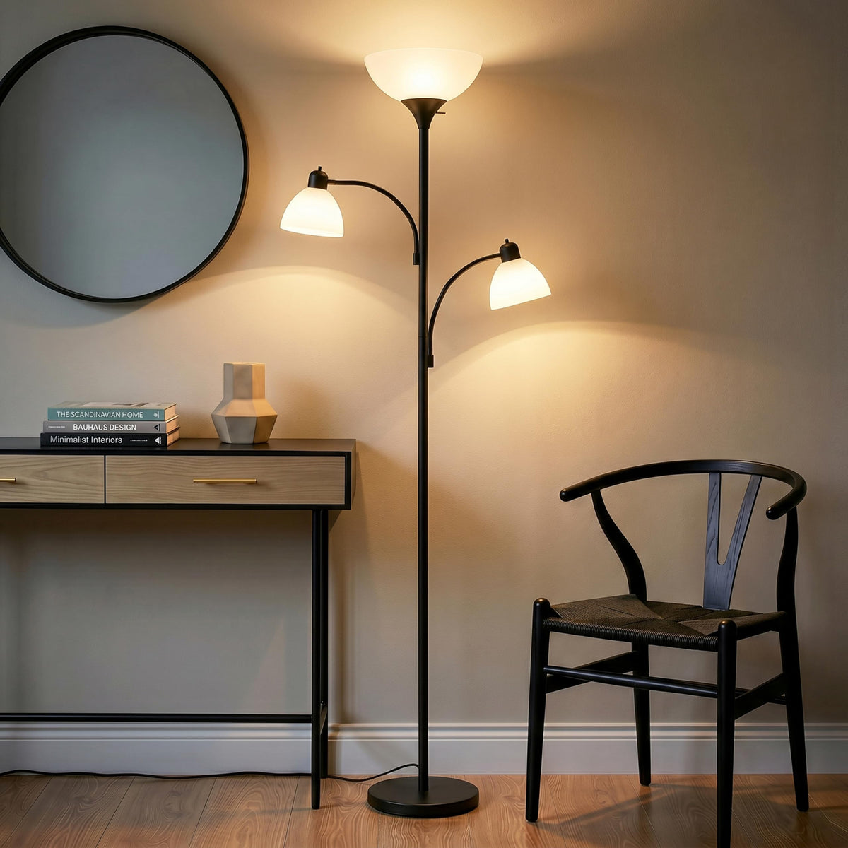 Sky Dome Double LED Floor Lamp, Torchiere Super Bright Floor Lamp with 2 Reading Lamps for Living Rooms & Offices - Dimmable Tall Standing Lamp for Bedroom Reading - Tall Black Pole