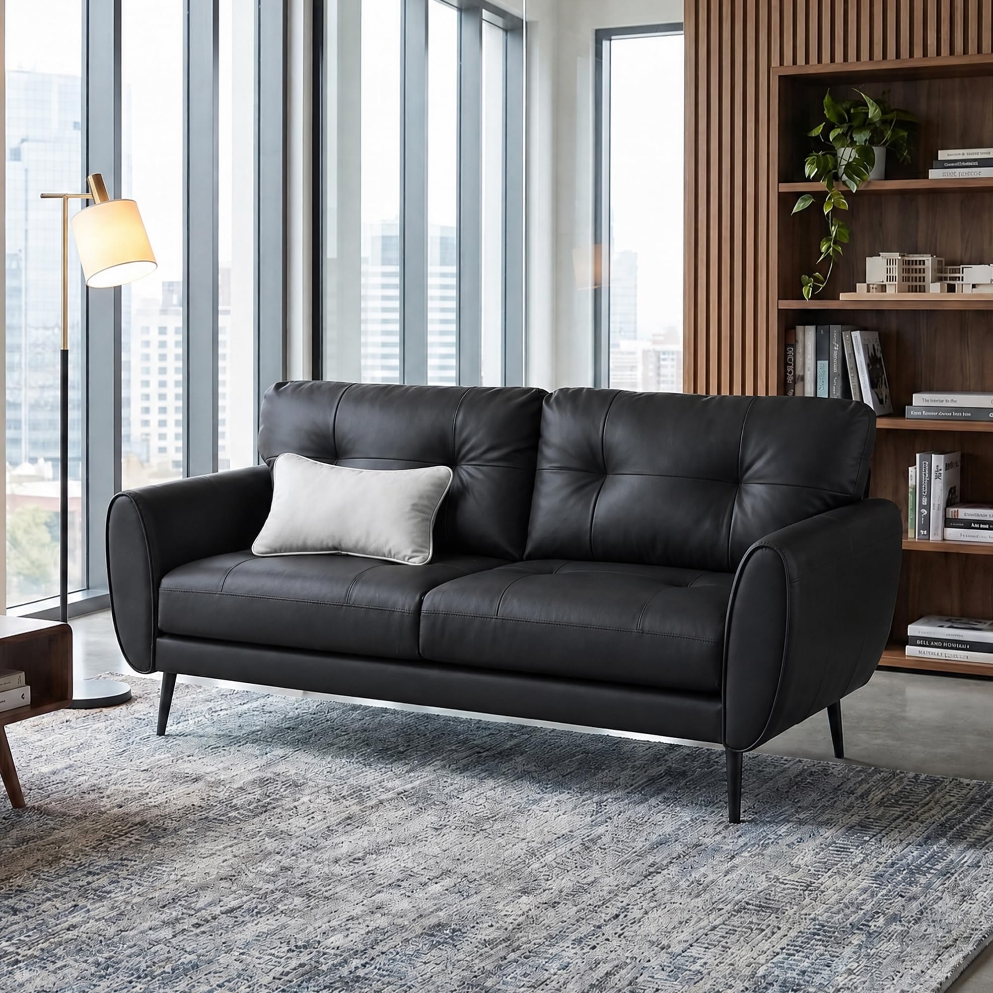 Sofa Couch 61" Small Loveseat Couches for Living Room, Black Faux Leather Couch Mid Century Modern Tufted Mini Sofa Comfy Office 2 Seat Settee Love Seat Couches for Small Spaces Bedroom
