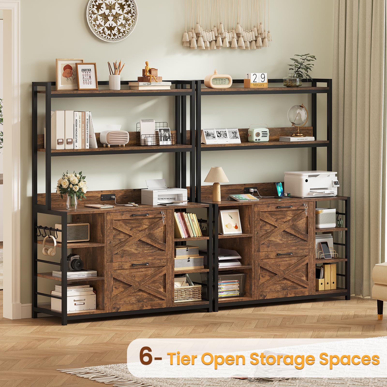 File Cabinet, Filing Cabinet fits Legal/Letter/A4 Size, 2 Drawer Filing Cabinets for Home Office with Lock, Power Strip and Open Storage Shelves, Rustic Brown