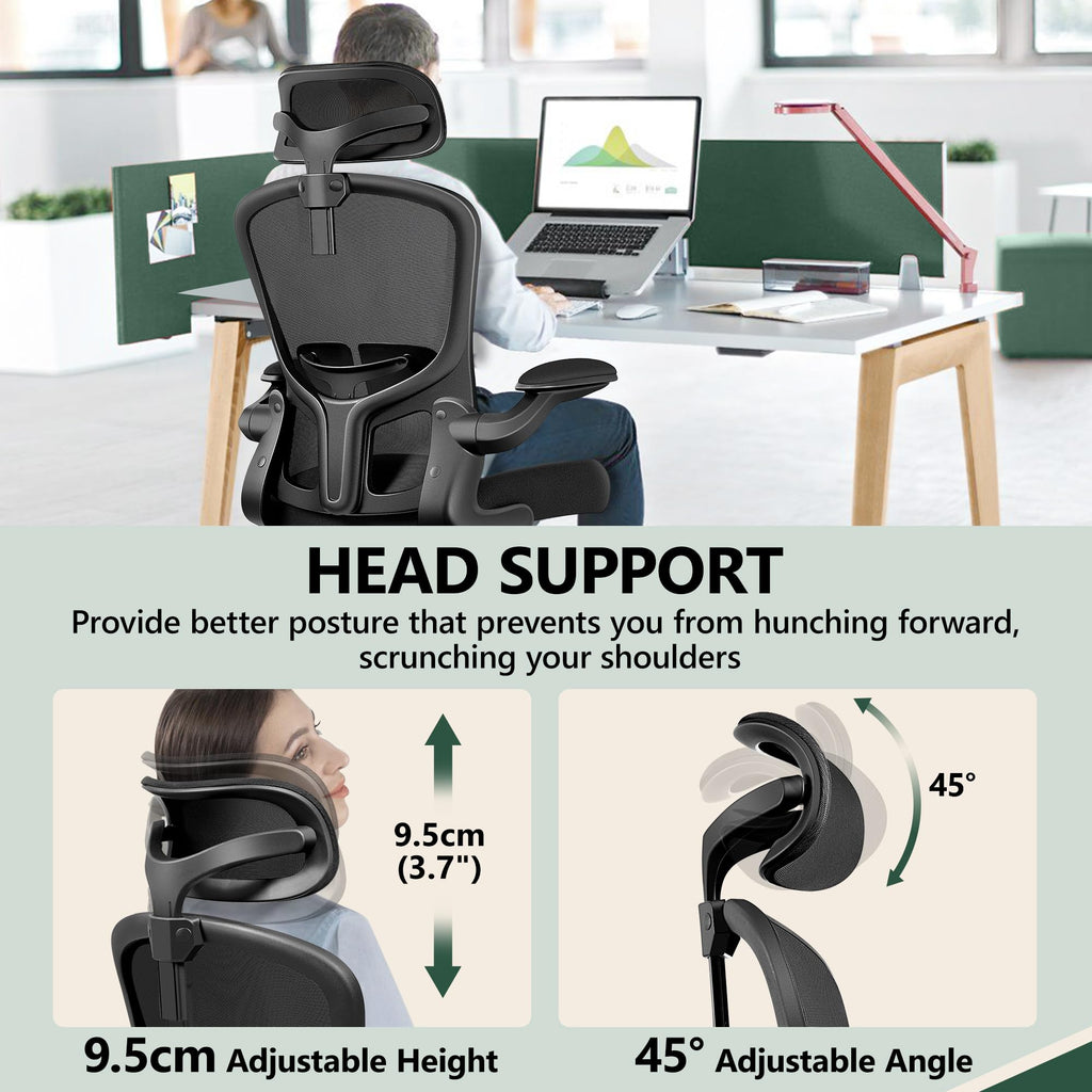 Office Chair Ergonomic Desk Chair with Headrest, High Back Computer with Adjustable Lumbar Support and Wheels,Executive Swivel Comfy with flip-up Armrests for Home Office