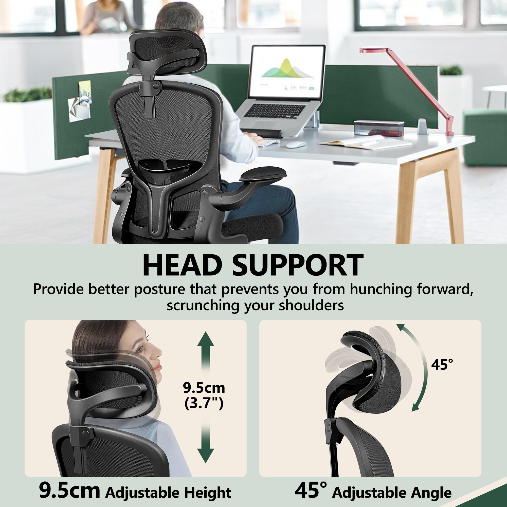 Office Chair Ergonomic Desk Chair with Headrest, High Back Computer with Adjustable Lumbar Support and Wheels,Executive Swivel Comfy with flip-up Armrests for Home Office
