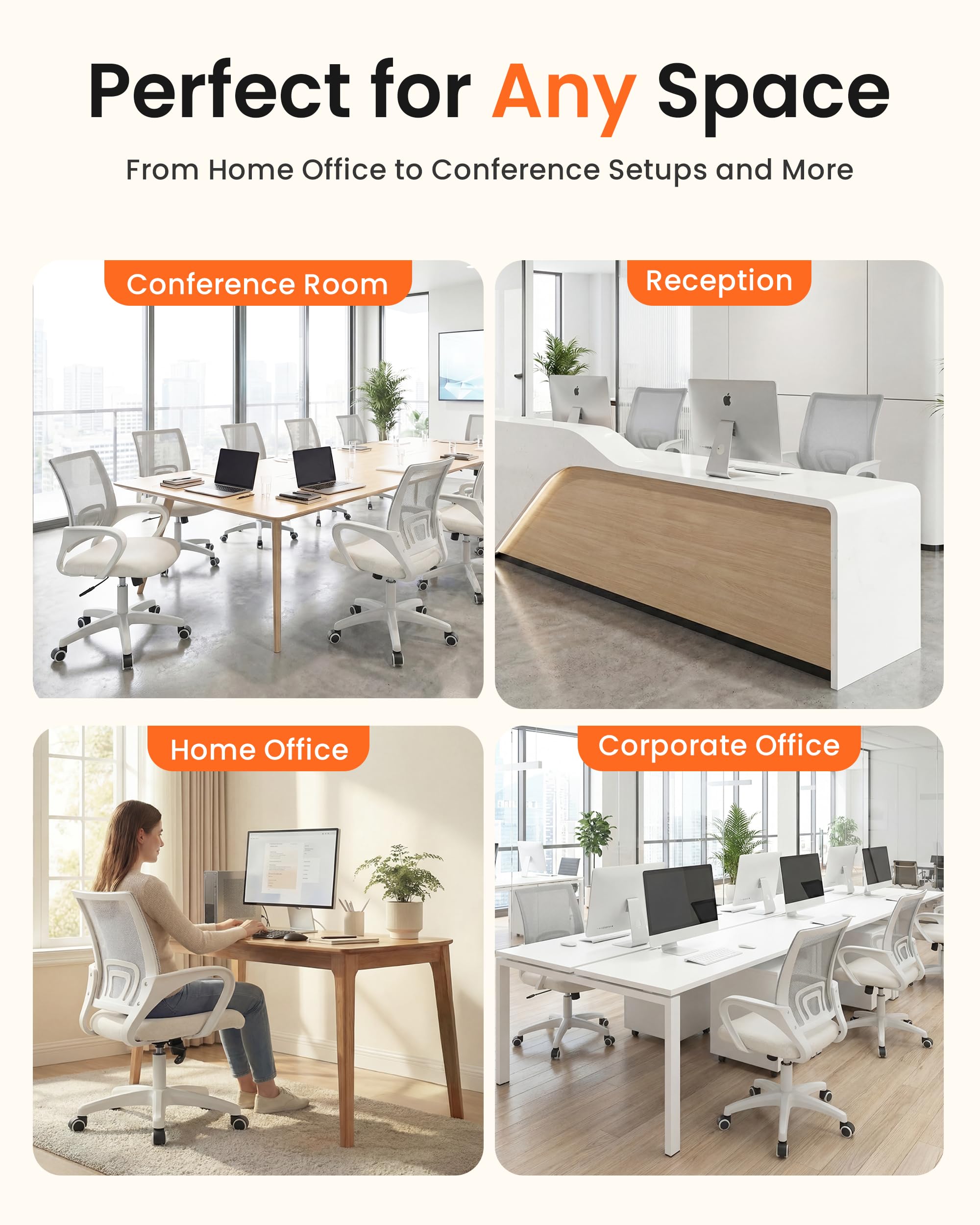 Office Desk Computer Chair Ergonomic Mesh Gaming Cushion Seat with Comfy Lumbar Mid Back Support Adjustable Height Swivel Rolling Wheels for Home Task (Ivory)